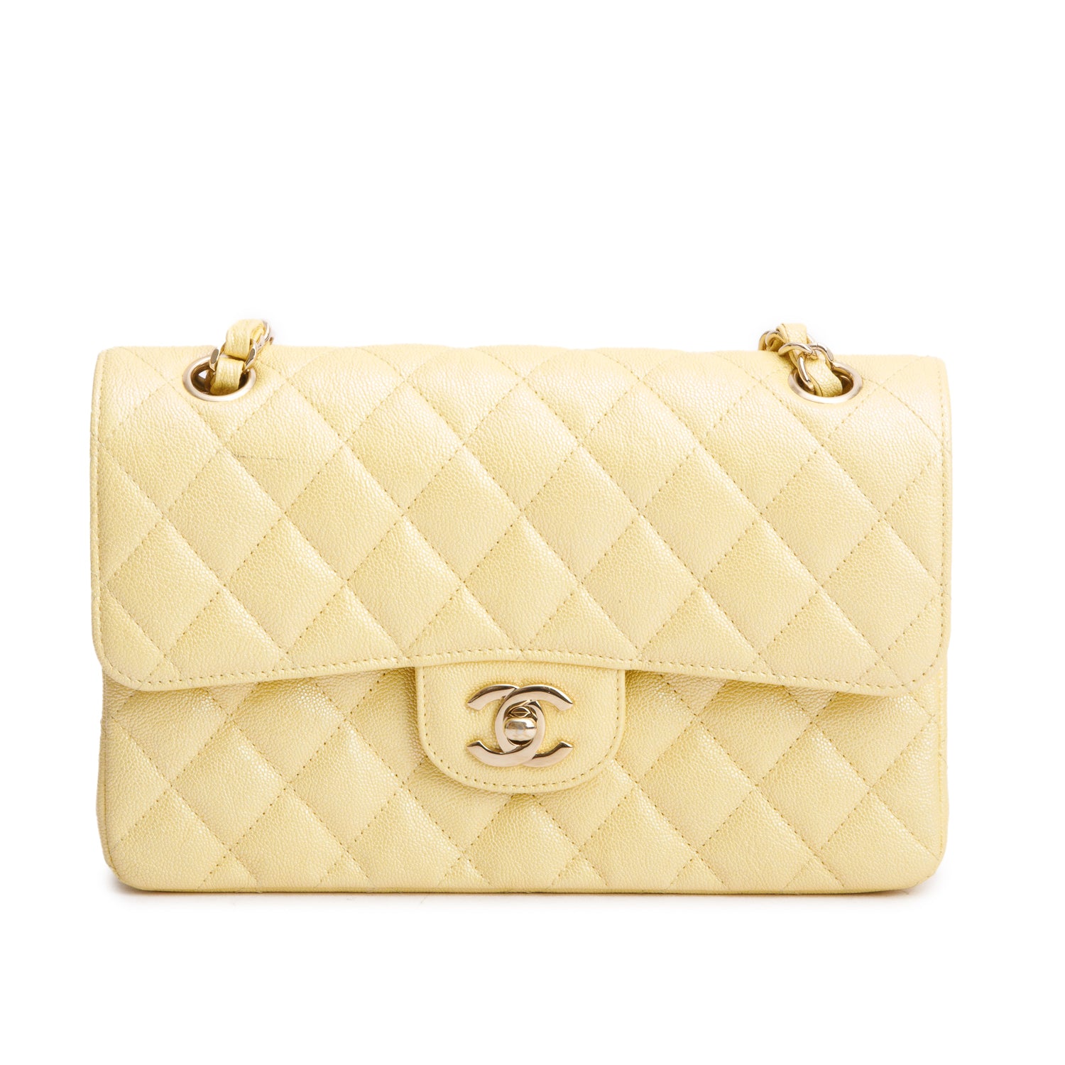 Chanel Yellow Iridescent Caviar Quilted Leather Small Double Flap Bag w/ Box