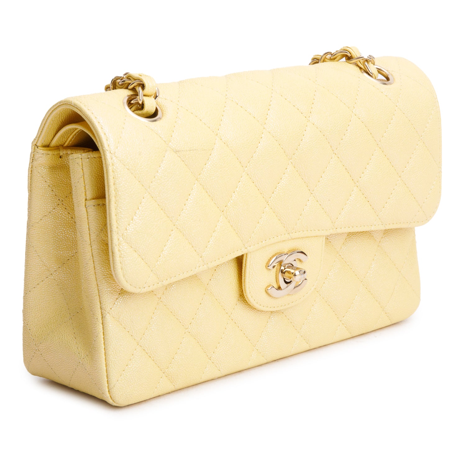 Chanel Yellow Iridescent Caviar Quilted Leather Small Double Flap Bag w/ Box
