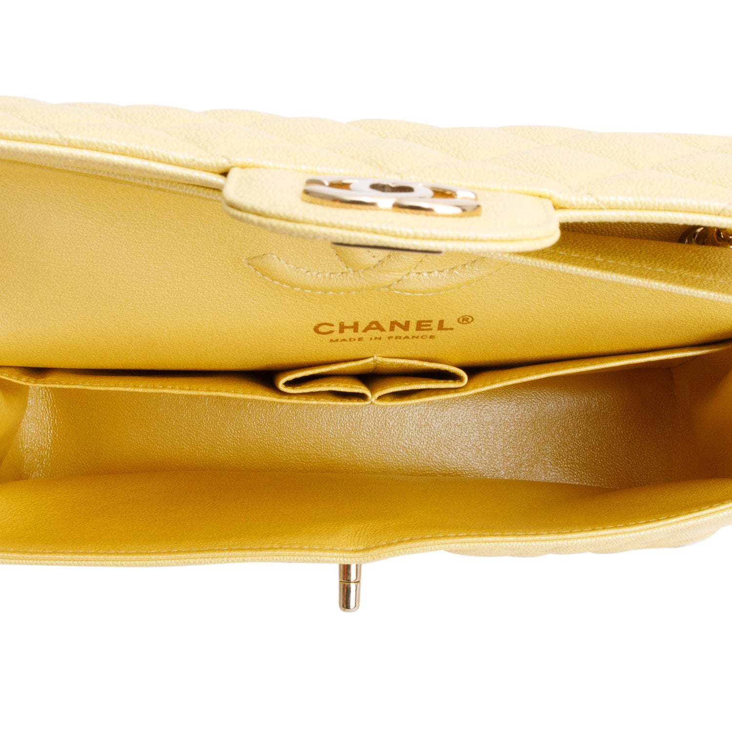 Chanel Yellow Iridescent Caviar Quilted Leather Small Double Flap Bag w/ Box