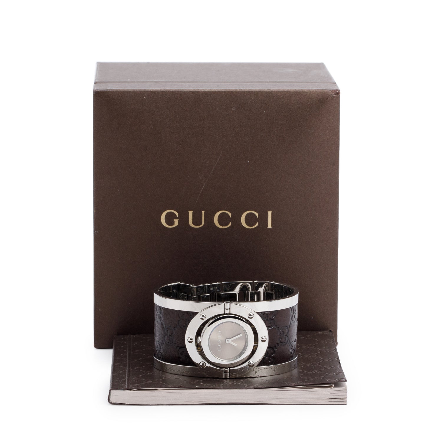 Gucci Yellow Gold Plated Stainless Steel & Brown GG Pattern Leather Twirl Watch Brown Rotating Dial YA112433 w/ Box & Papers