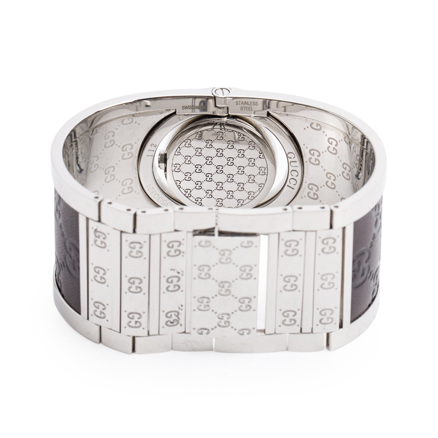 Gucci Yellow Gold Plated Stainless Steel & Brown GG Pattern Leather Twirl Watch Brown Rotating Dial YA112433 w/ Box & Papers