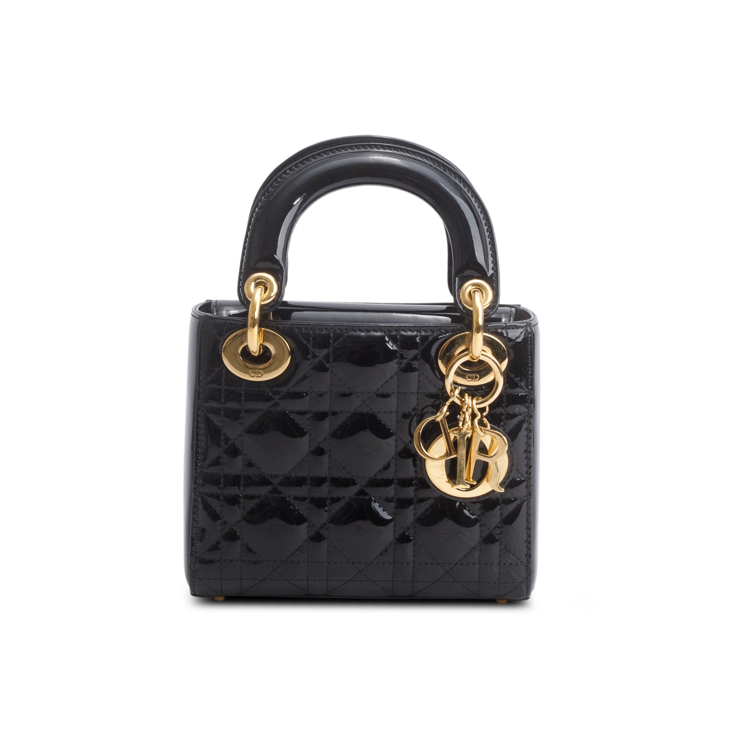 Christian Dior Black Cannage Patent Leather Mini Lady Dior Bag w/ Authenticity Card & Strap