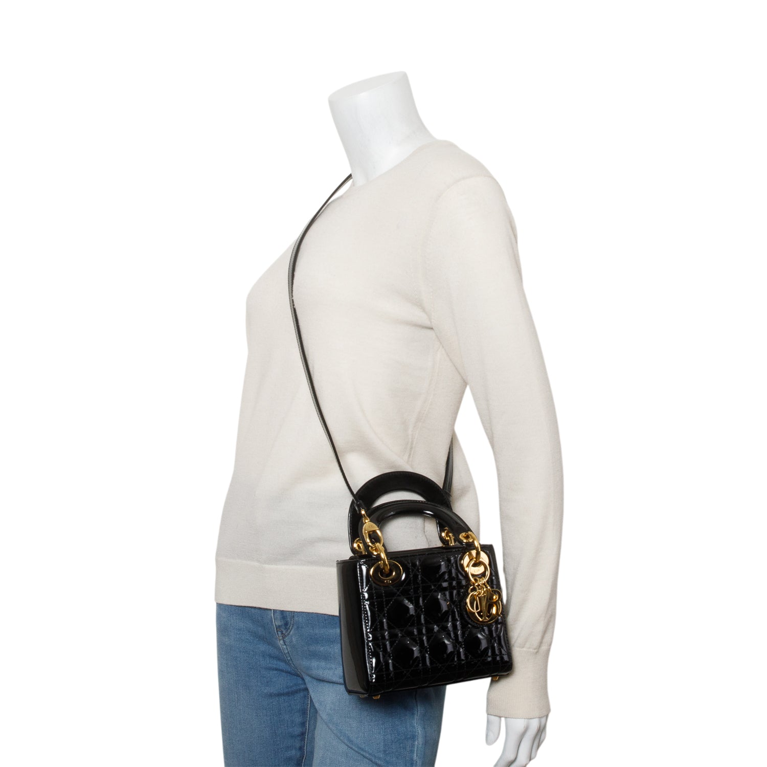 Christian Dior Black Cannage Patent Leather Mini Lady Dior Bag w/ Authenticity Card & Strap