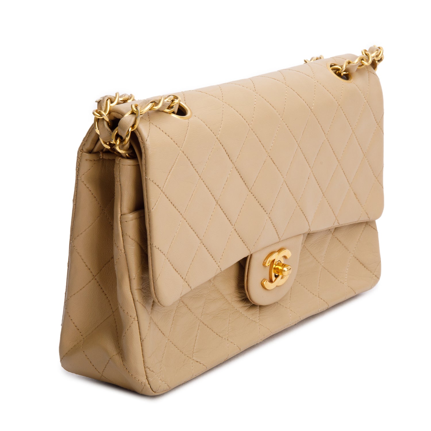Chanel Vintage Beige Lambskin Quilted Medium Double Flap w/ Authenticity Card