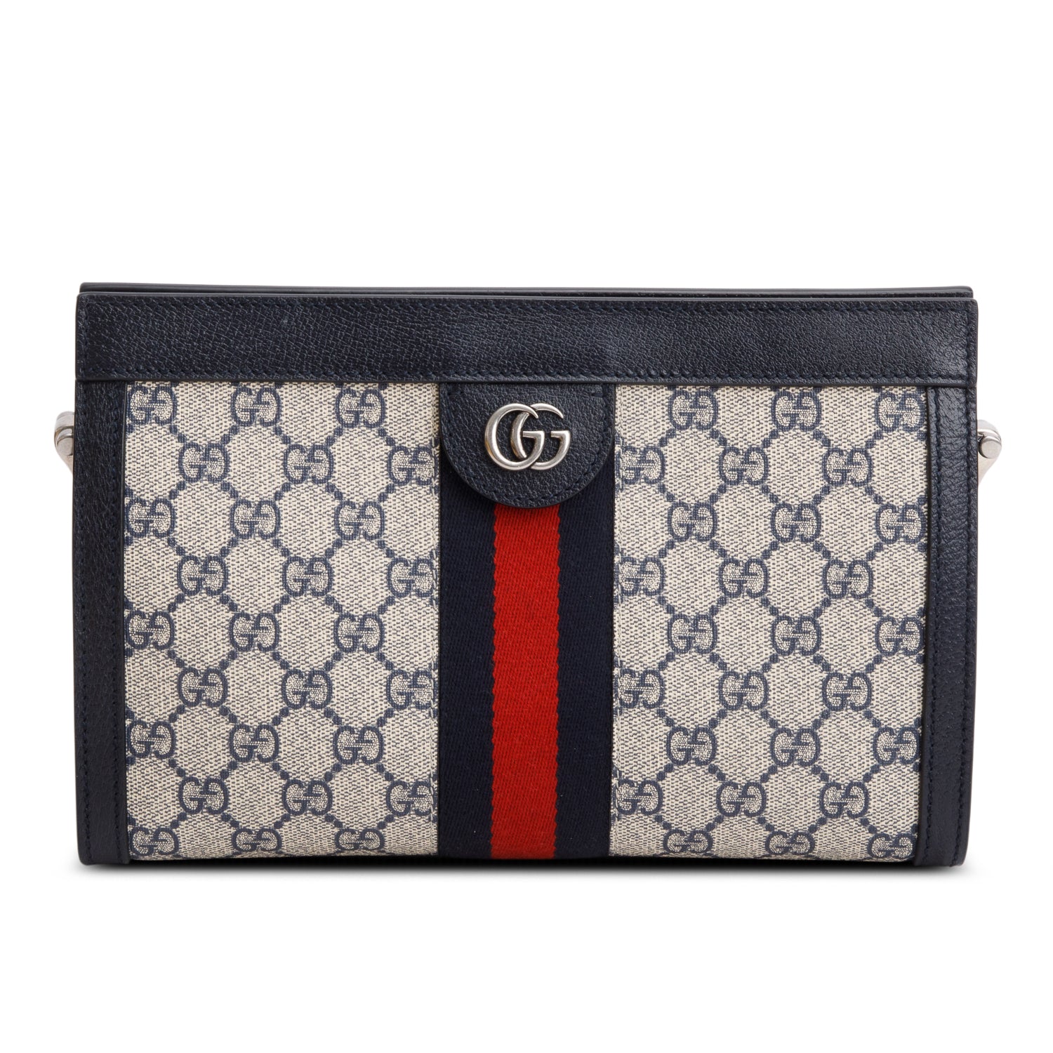 Gucci Black GG Supreme Monogram Textured Calfskin Web Medium Ophidia Chain Shoulder Bag w/ Box