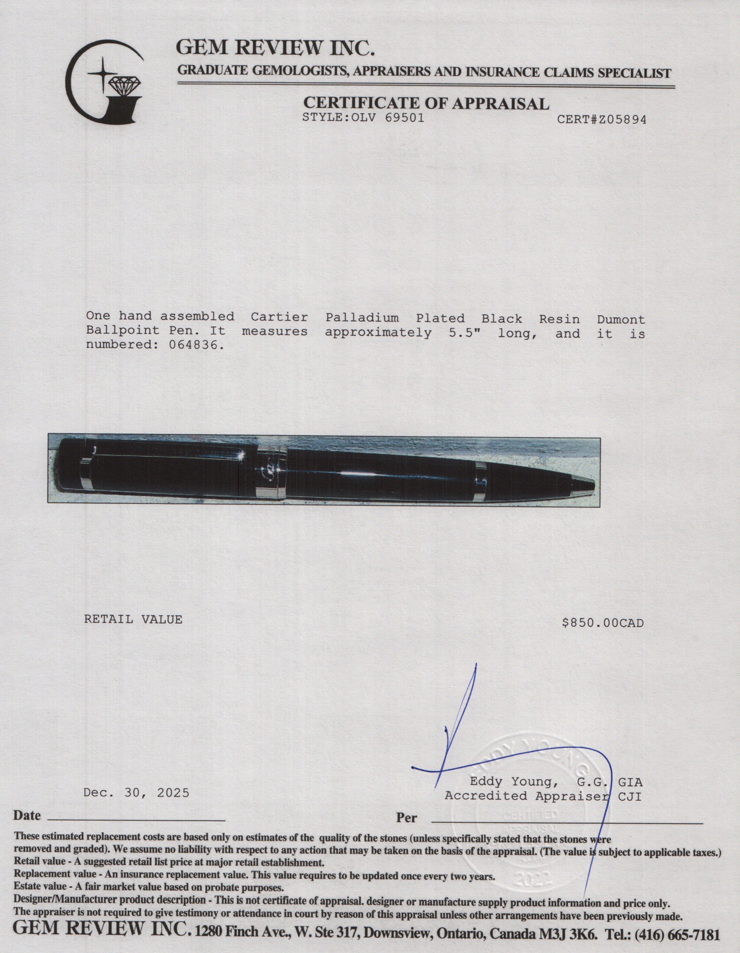 Cartier Palladium Plated Black Resin Dumont Ballpoint Pen w/ Box