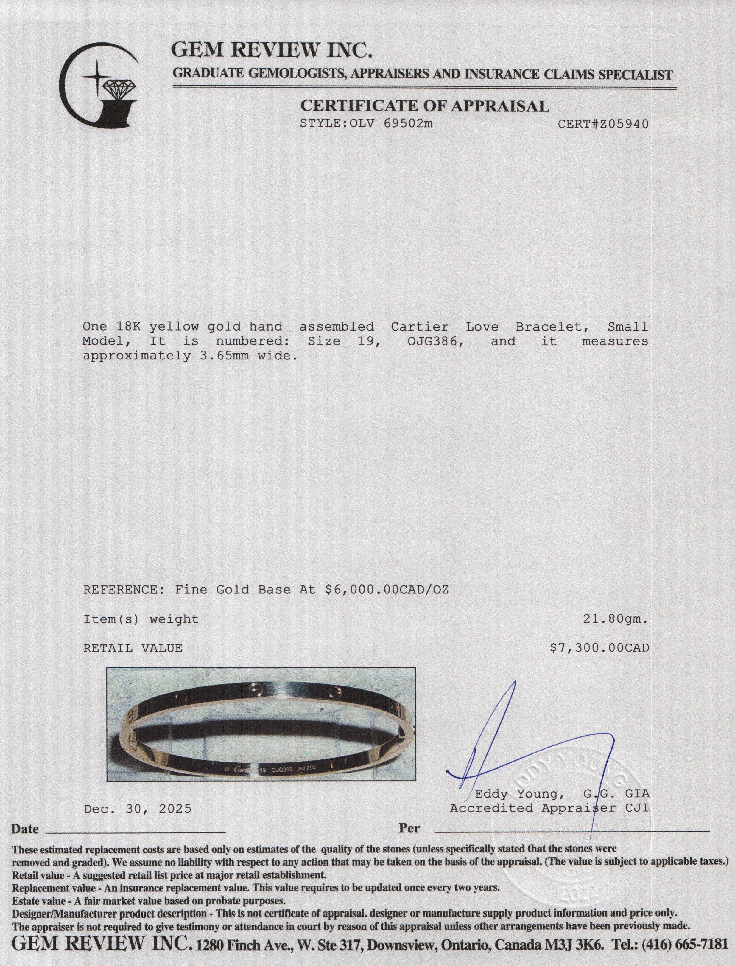 Cartier 2021 18k Yellow Gold 3.65 MM Love Bracelet, Small Model, Size 19 w/ Box & Certificate