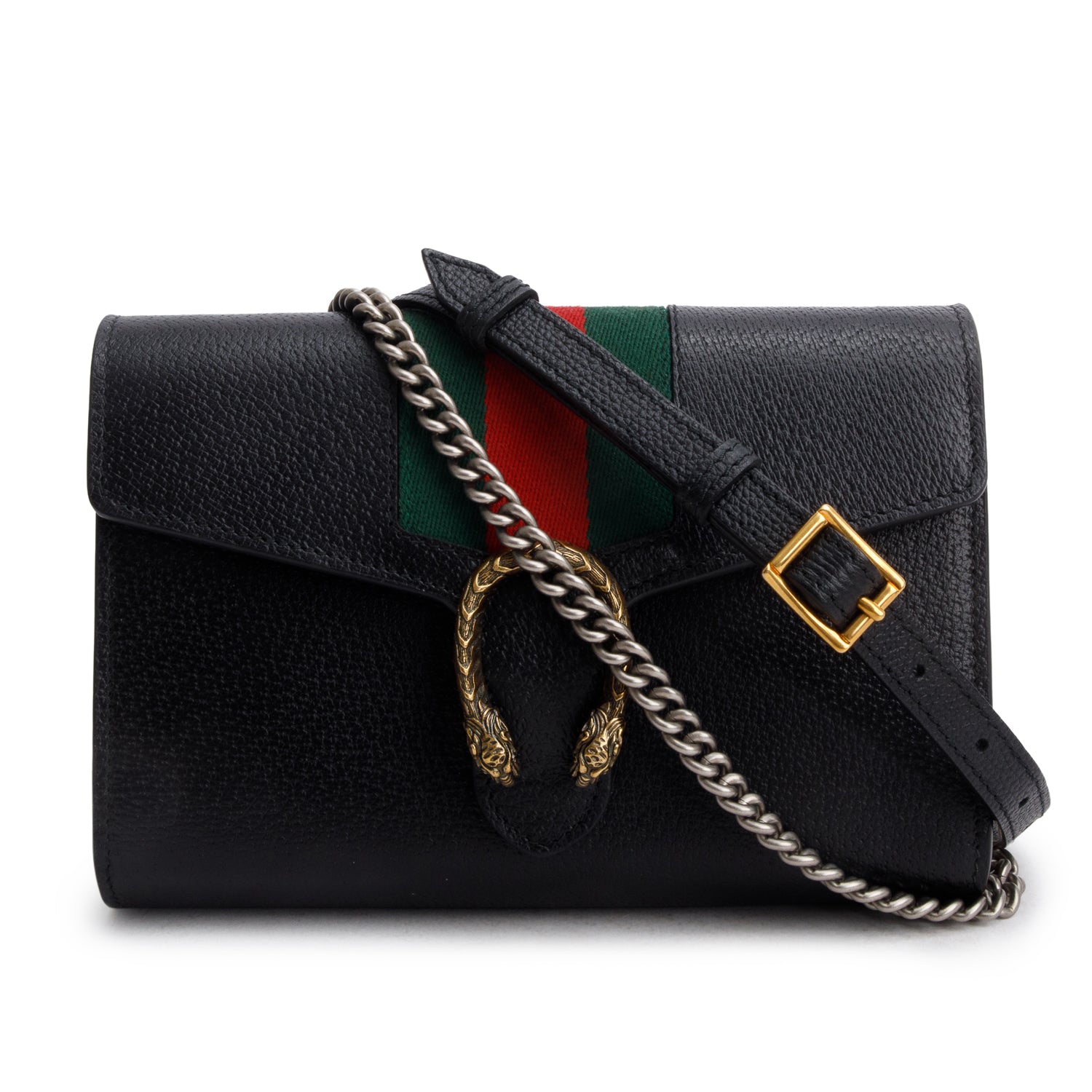 Gucci Black Calfskin Web Mini Dionysus Wallet on Chain w/ Box & Strap
