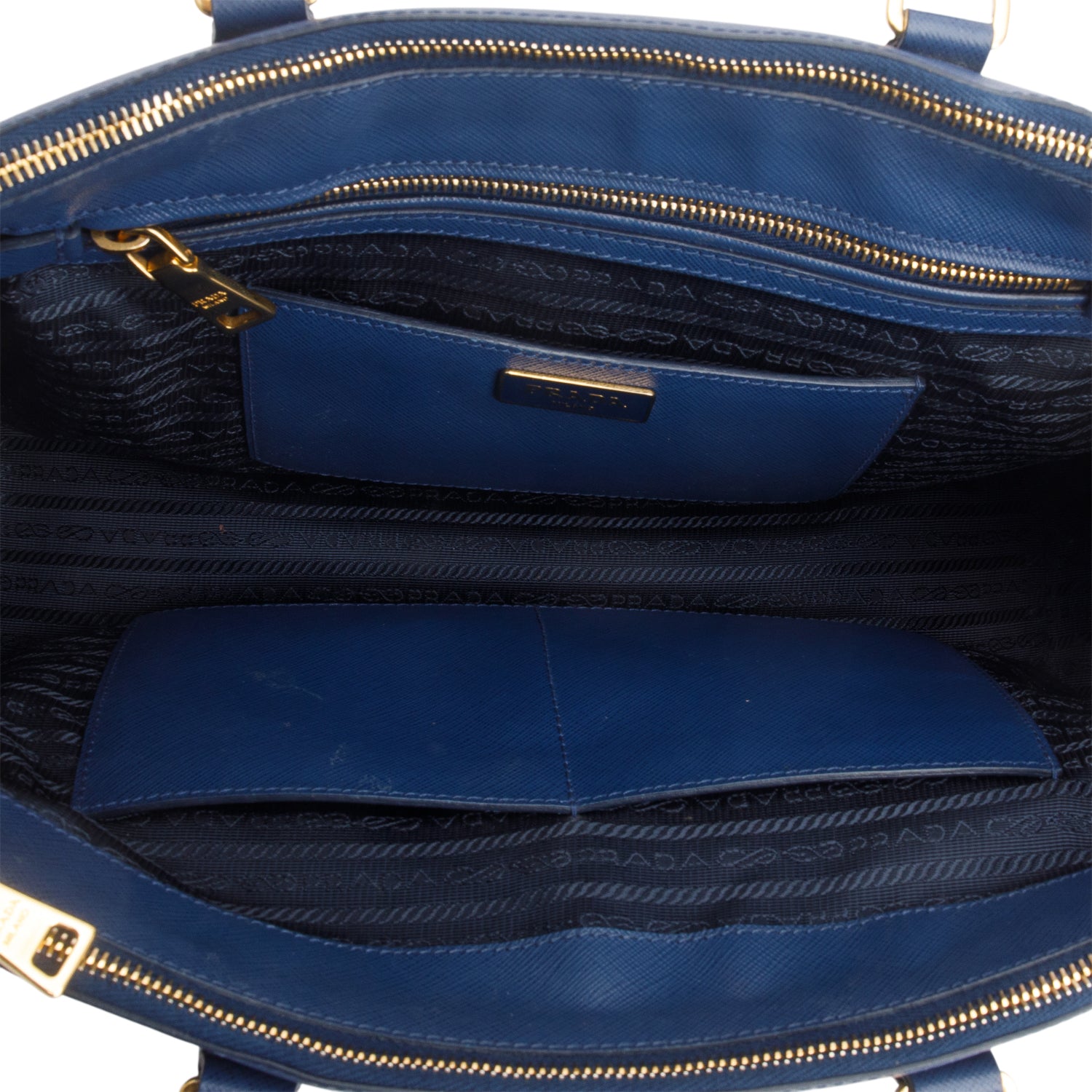 Prada Blue Saffiano Lux Medium Double Zip Galleria Tote w/ Strap
