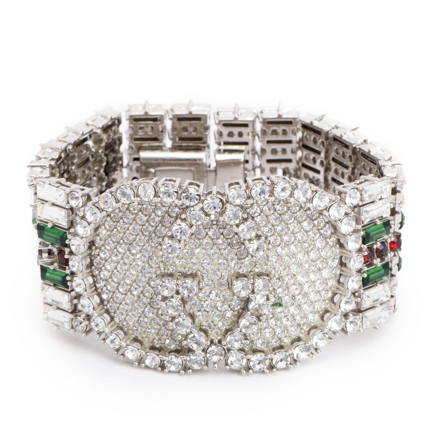 Gucci Silver Plated Crystal Web Double G Wide Bracelet
