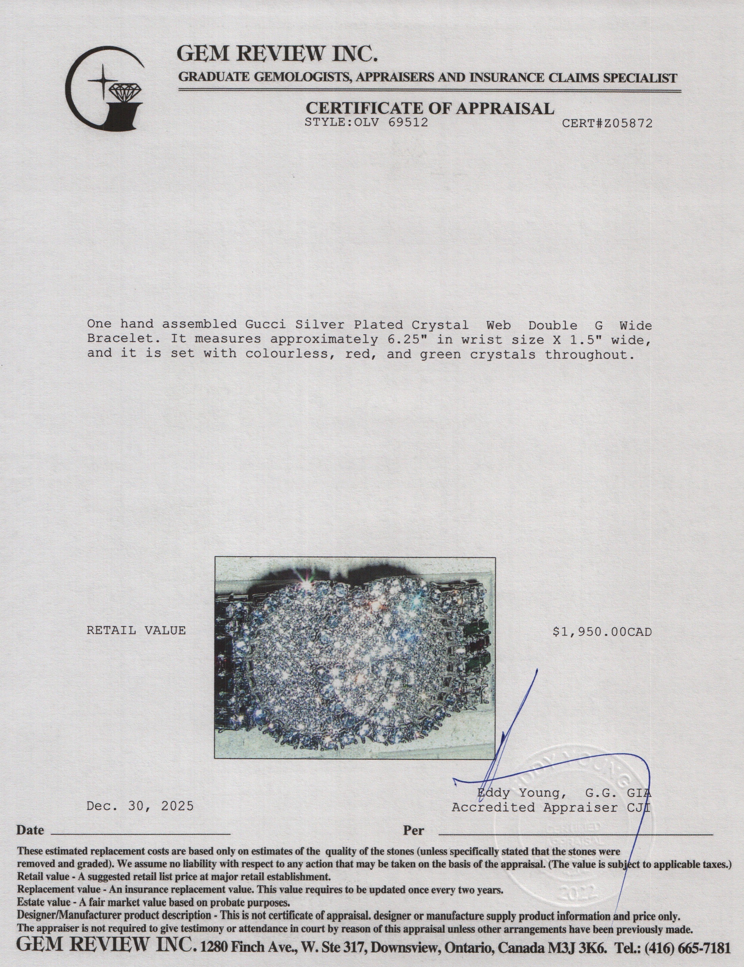 Gucci Silver Plated Crystal Web Double G Wide Bracelet