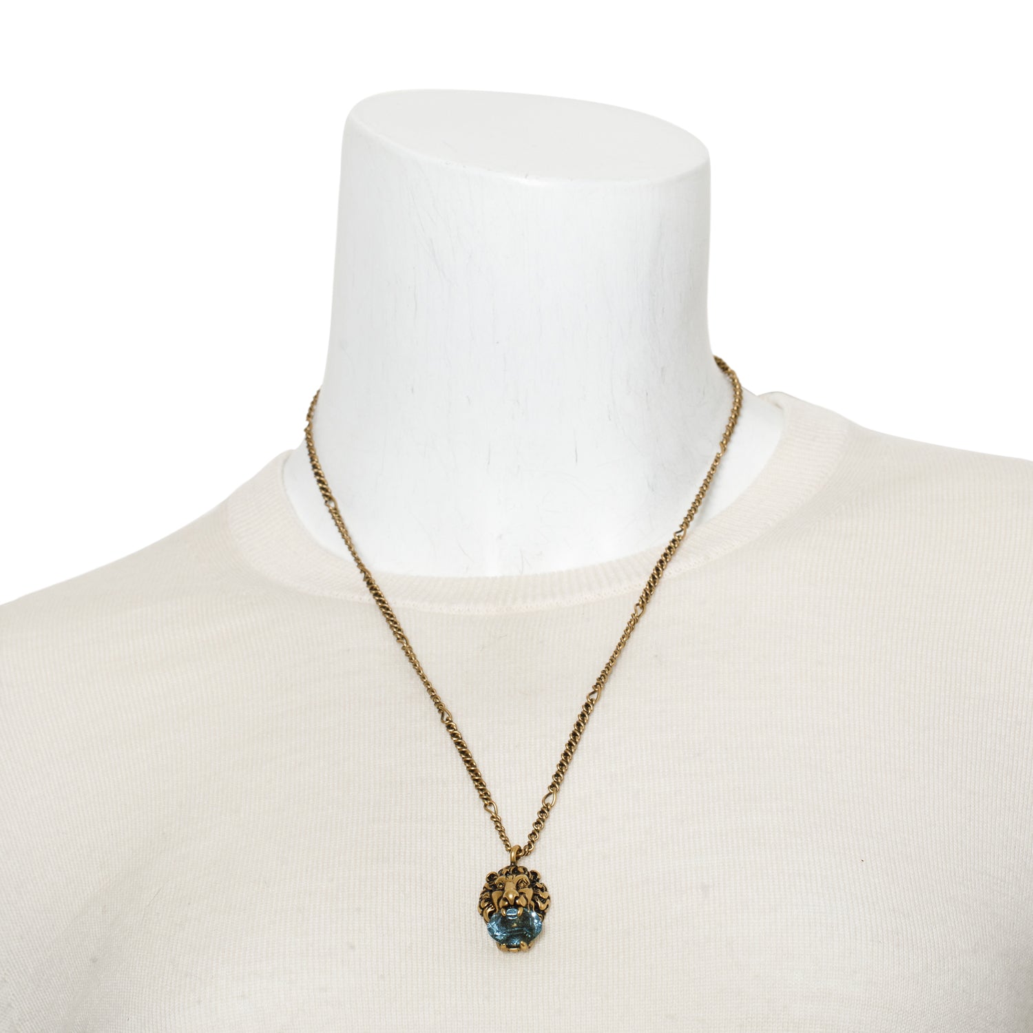Gucci Gold-Plated Metal Blue Crystal Lion Head Pendant Necklace