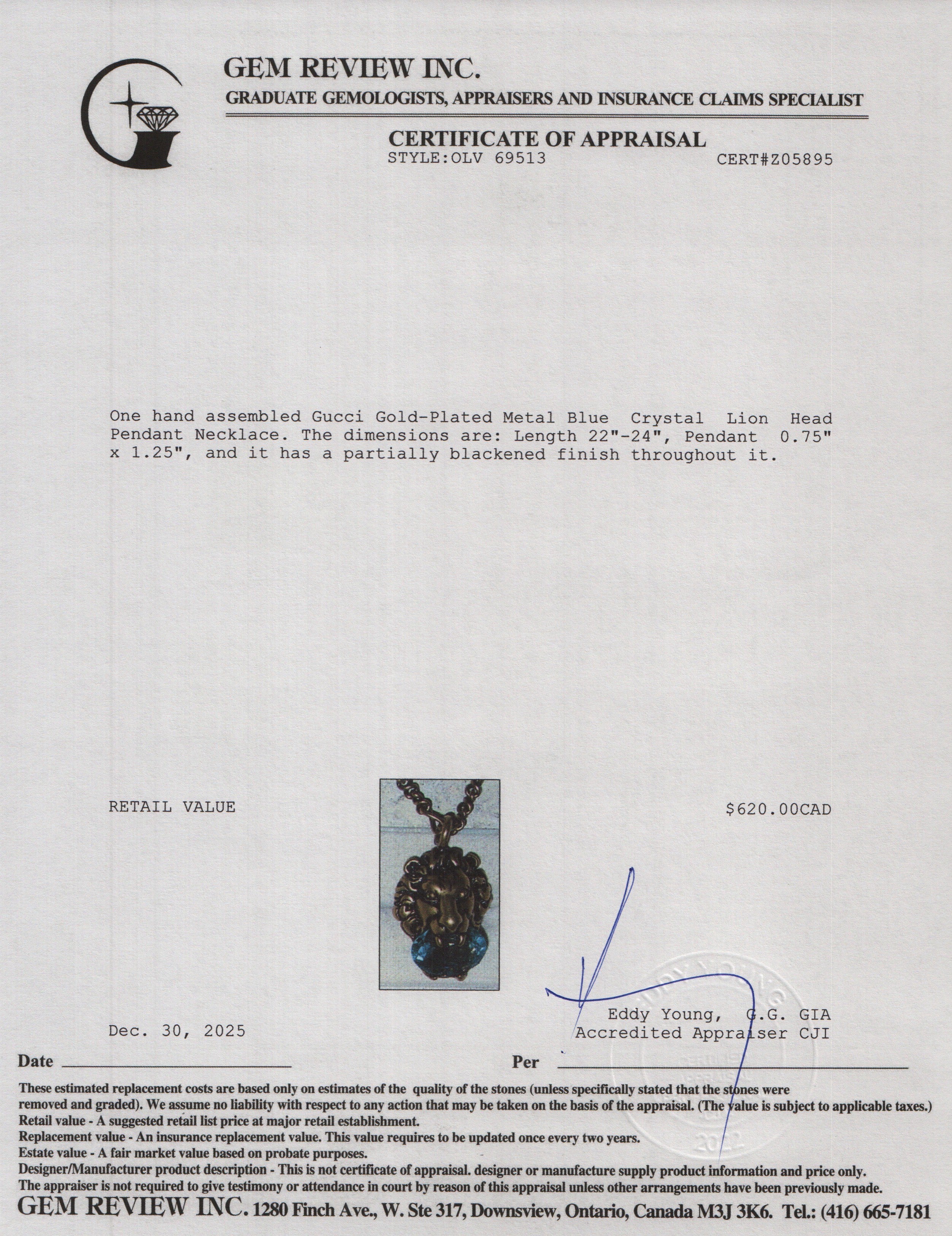 Gucci Gold-Plated Metal Blue Crystal Lion Head Pendant Necklace