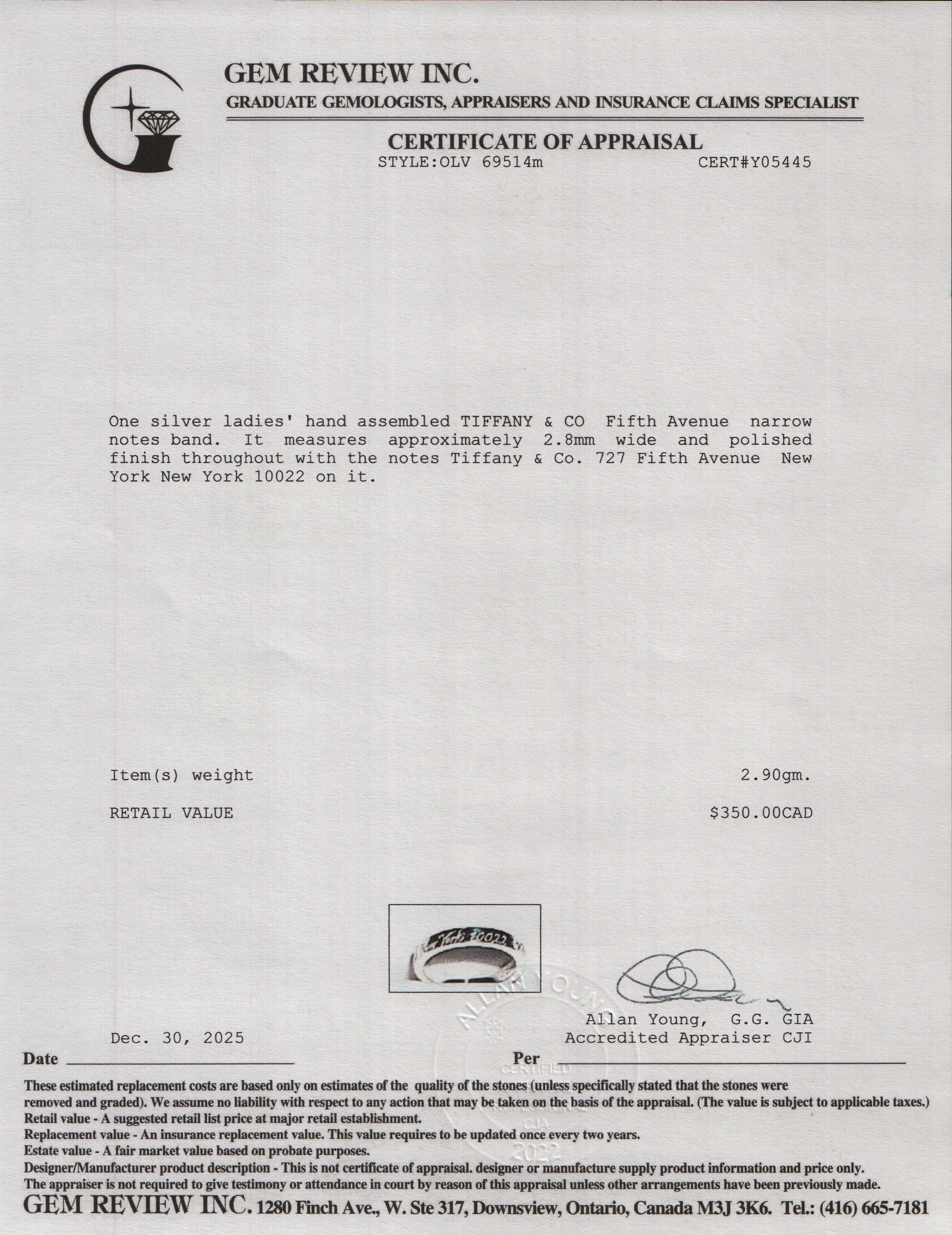 Tiffany & Co. Sterling Silver Fifth Ave Narrow Notes Band Ring, Size 4.75