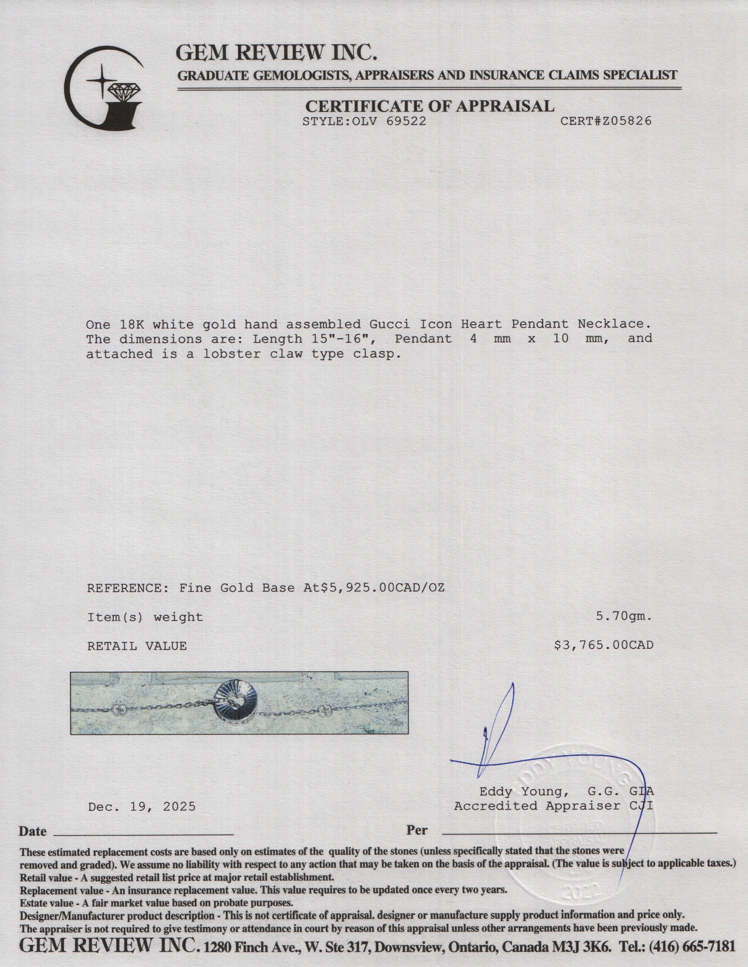 Gucci 18k White Gold Icon Heart Pendant Necklace w/ Box