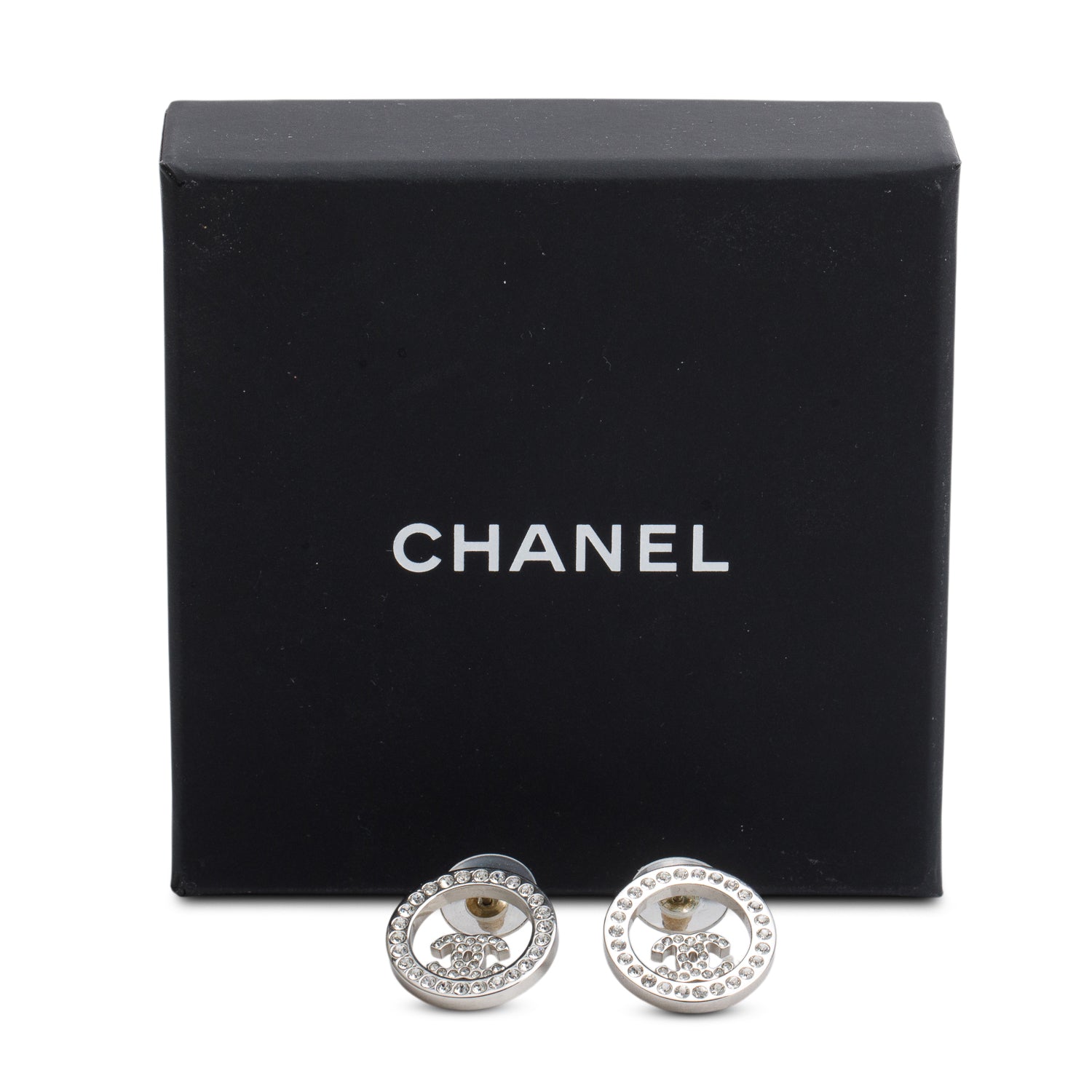 Chanel 2022 Palladium Plated Strass CC Round Earrings w/ Box