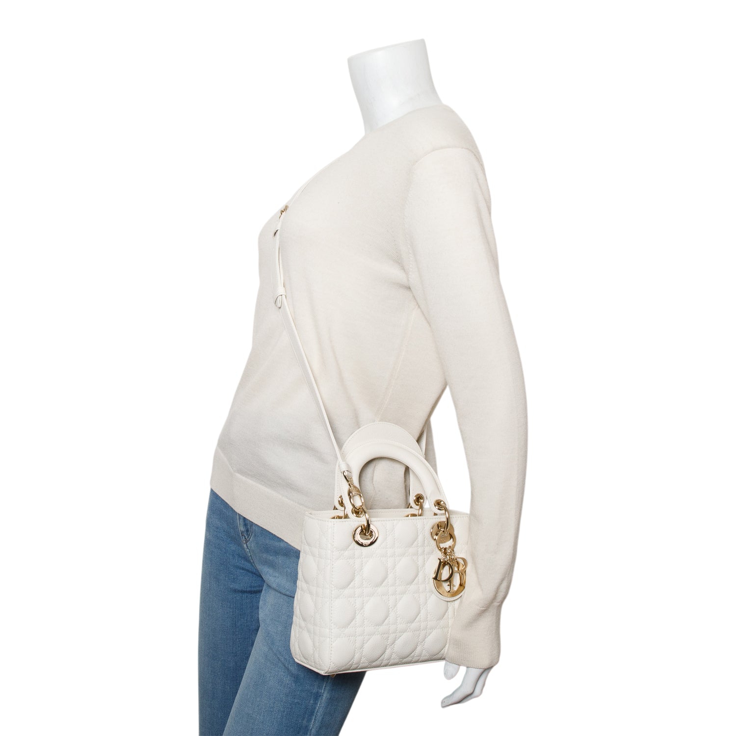 Christian Dior 2024 White Grained Cannage Calfskin Leather Small Lady Dior Bag w/ Box & Strap