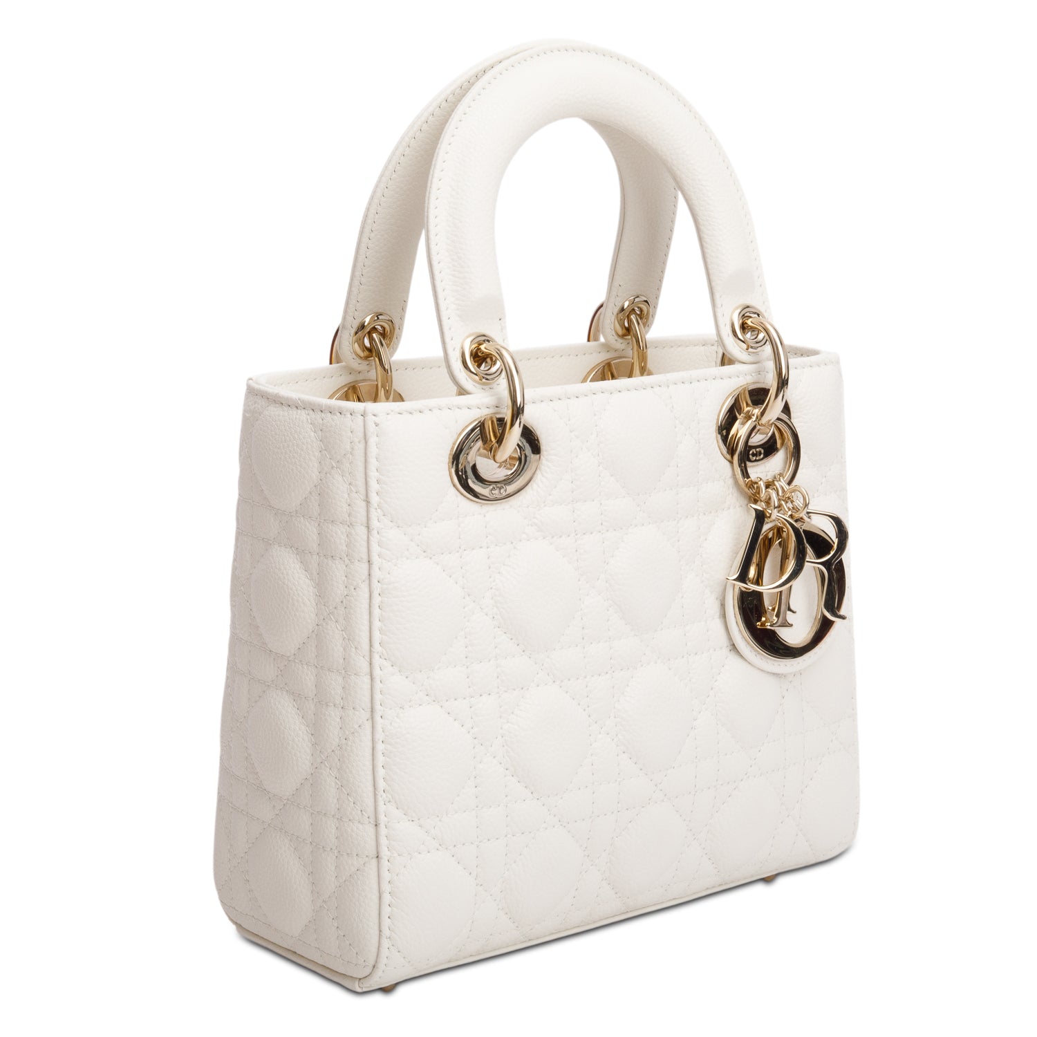 Christian Dior 2024 White Grained Cannage Calfskin Leather Small Lady Dior Bag w/ Box & Strap