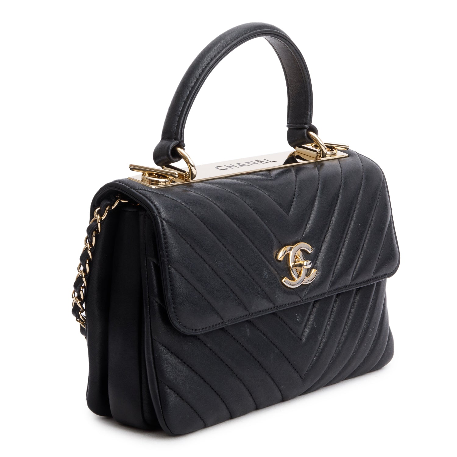 Chanel Black Chevron Lambskin Trendy CC Small Top Handle Flap Bag w/ Box & Authenticity Card