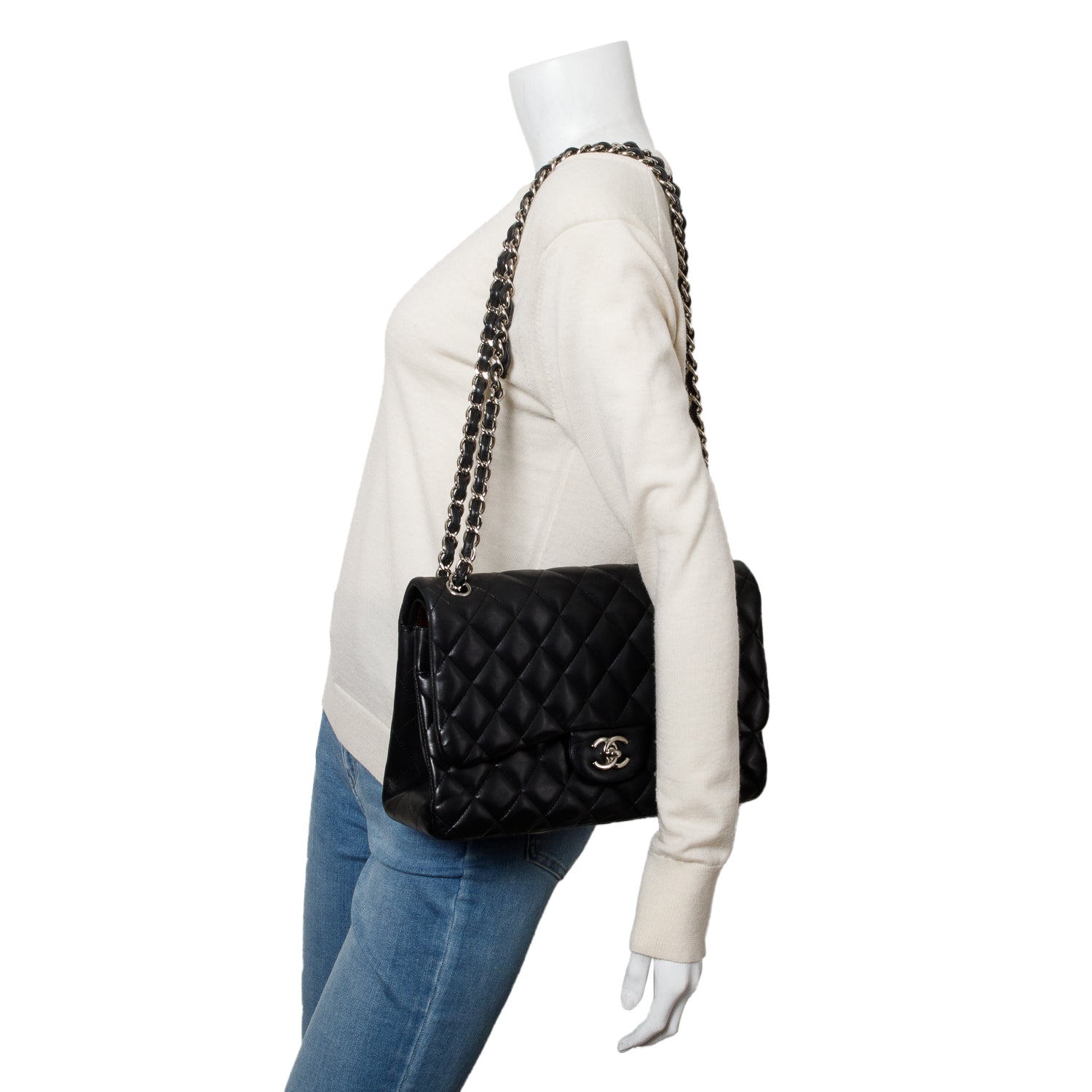 Chanel Black Quilted Lambskin Leather Jumbo Double Flap Bag