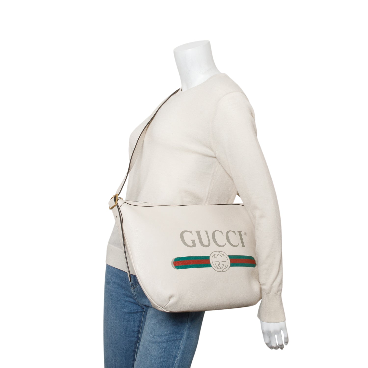 Gucci Cream Grained Calfskin Logo Half Moon Hobo