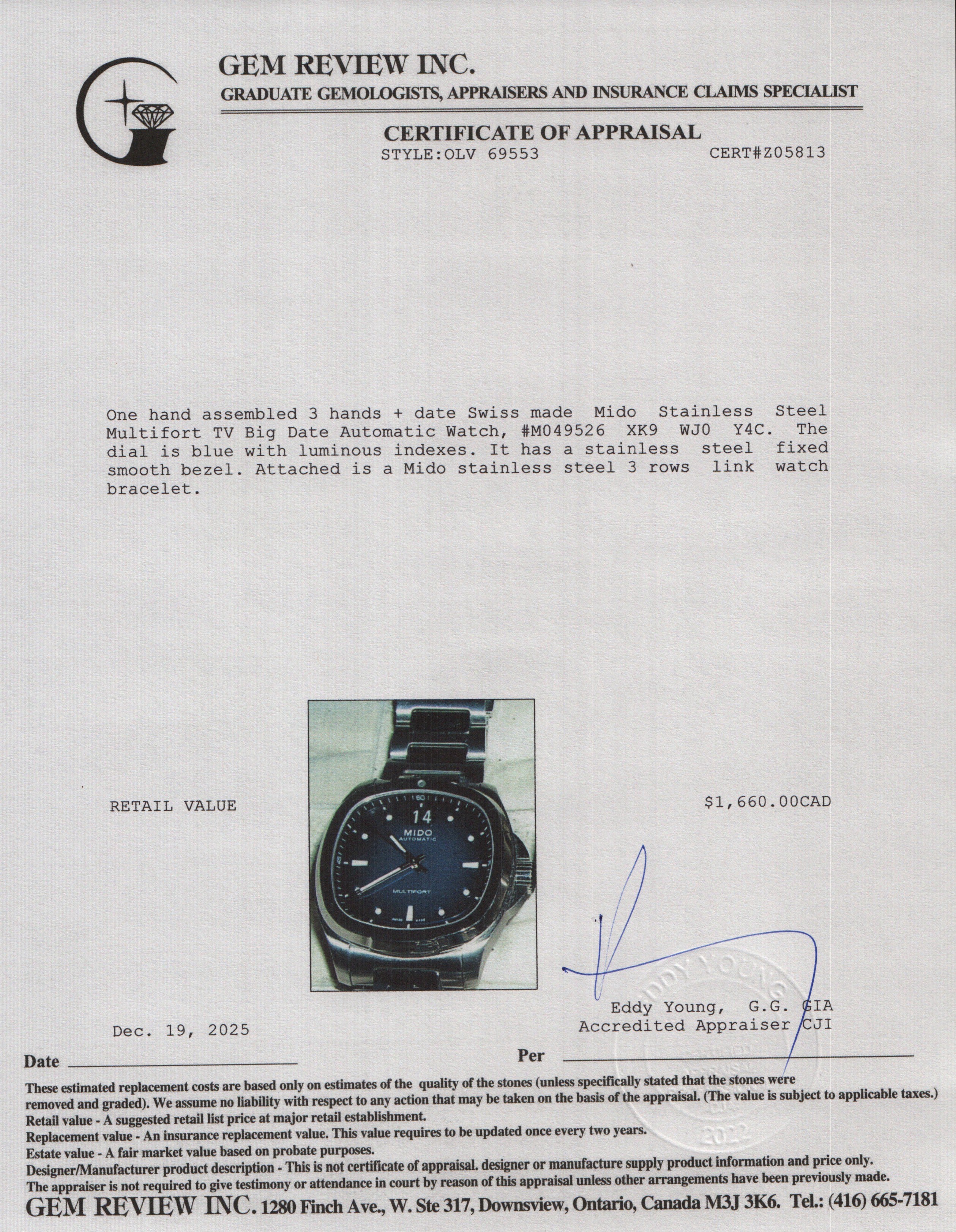 Mido Stainless Steel Multifort TV Big Date Automatic Watch Blue Dial w/ Box & Papers