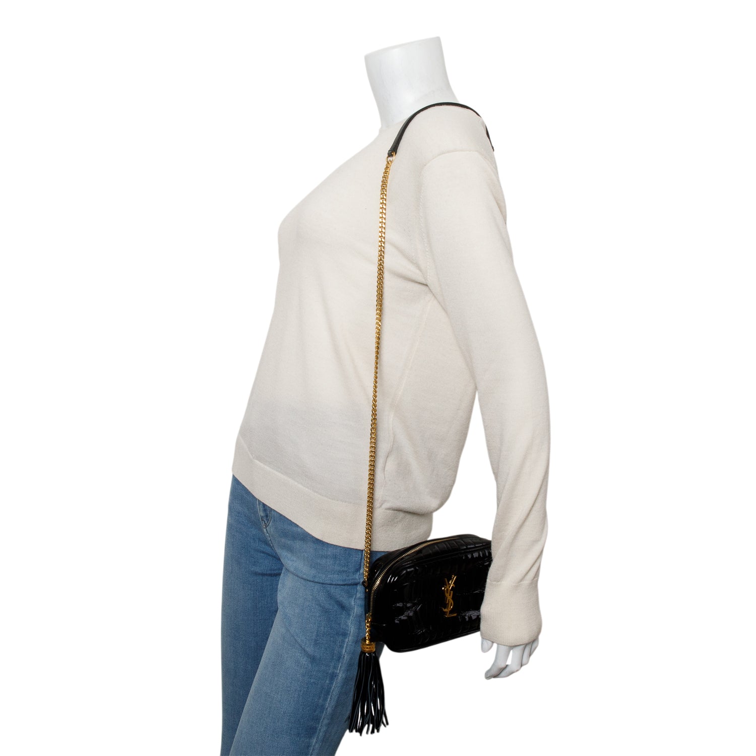 Saint Laurent 2022 Black Croc Embossed Patent Leather Mini Lou Camera Bag w/ Box