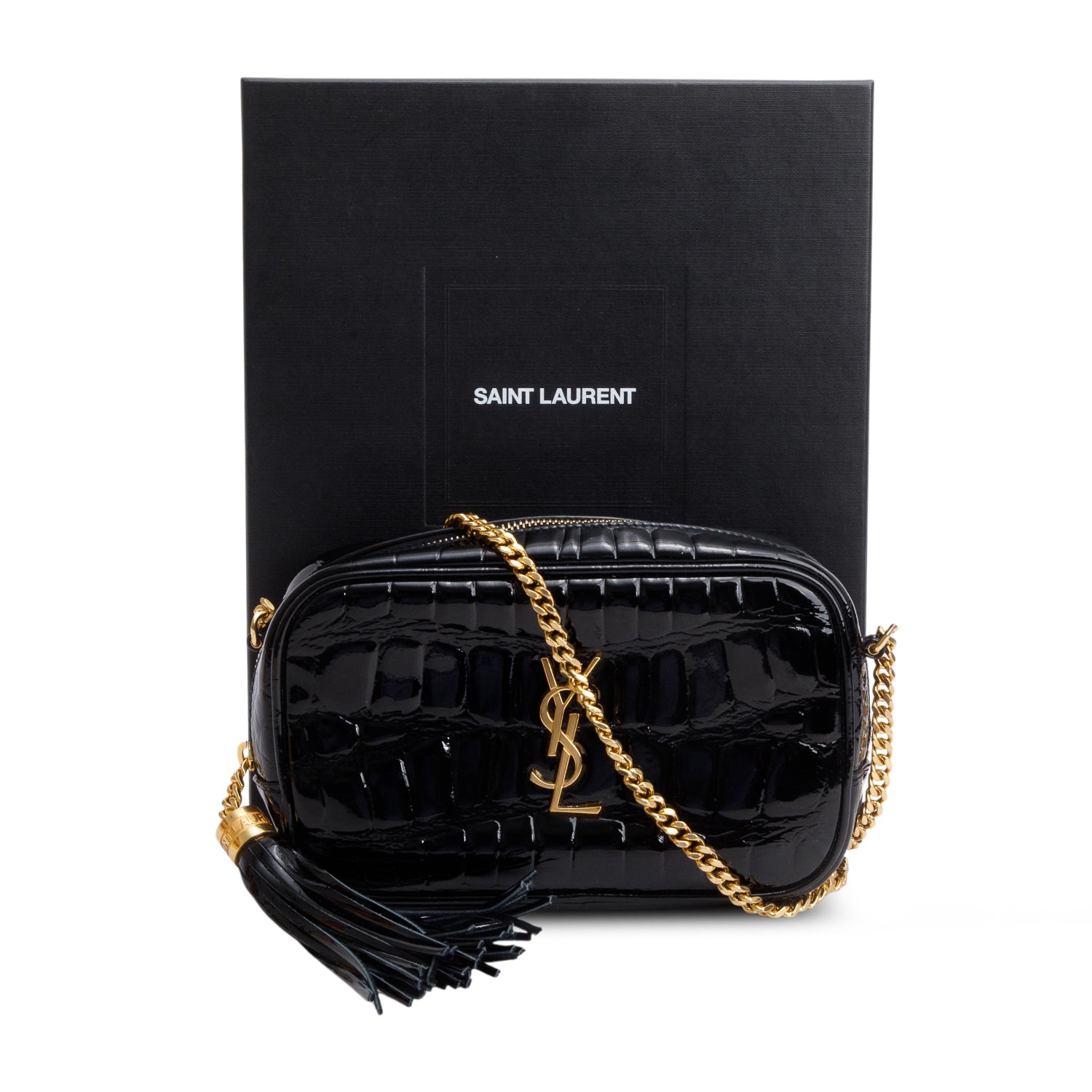 Saint Laurent 2022 Black Croc Embossed Patent Leather Mini Lou Camera Bag w/ Box