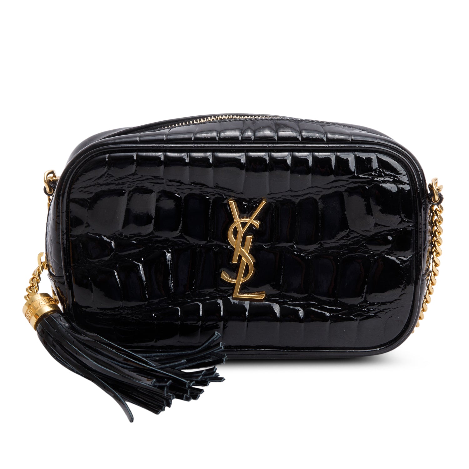 Saint Laurent 2022 Black Croc Embossed Patent Leather Mini Lou Camera Bag w/ Box