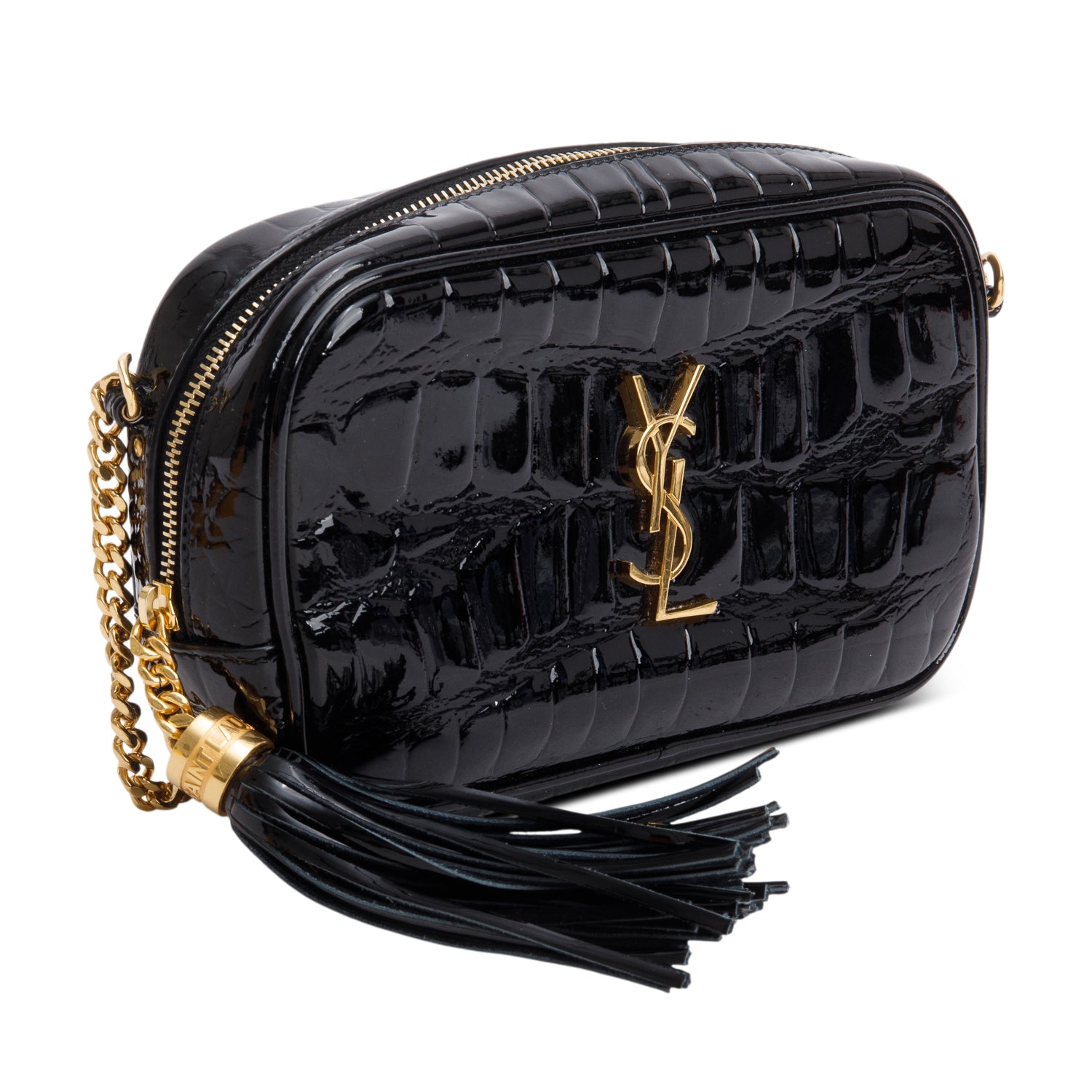Saint Laurent 2022 Black Croc Embossed Patent Leather Mini Lou Camera Bag w/ Box
