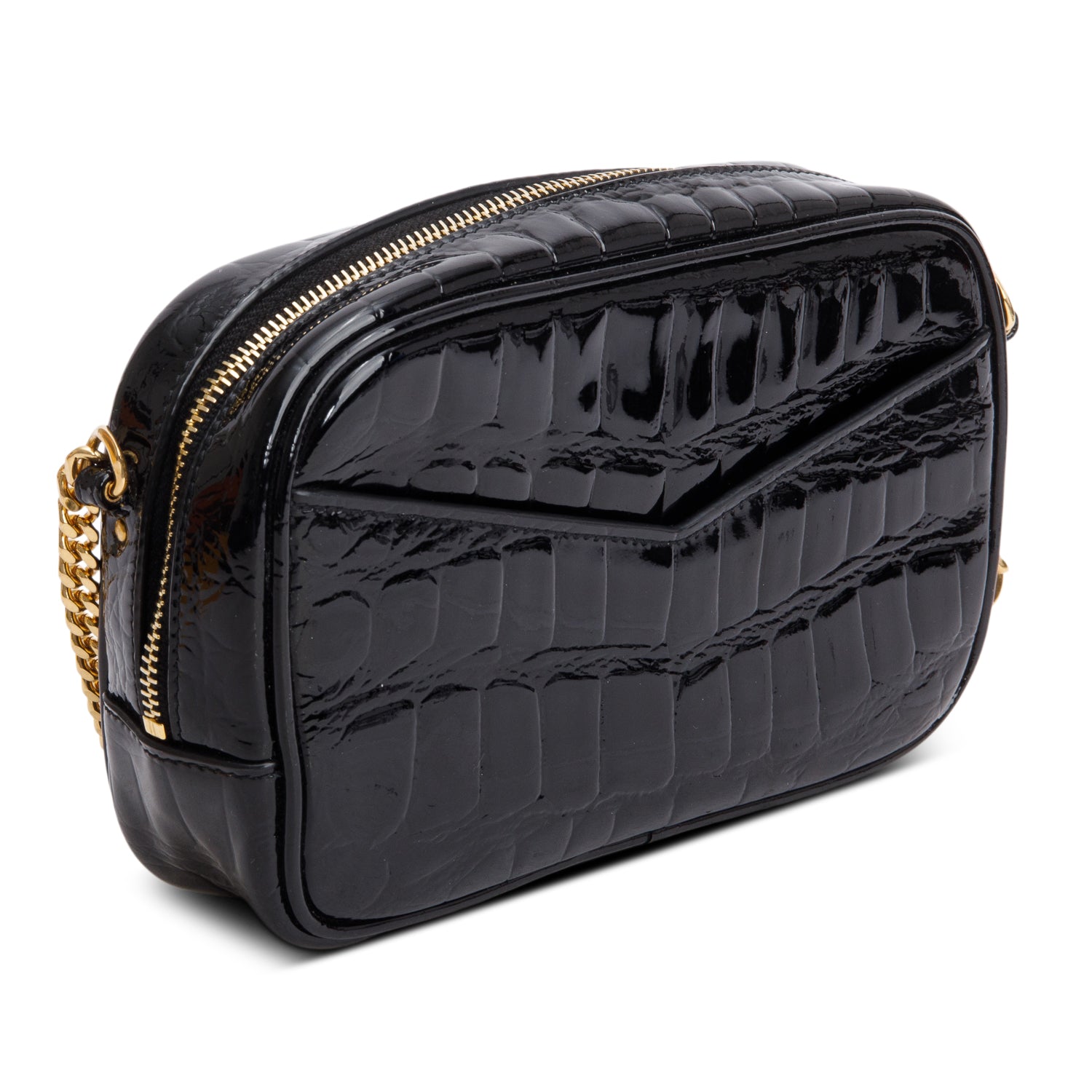 Saint Laurent 2022 Black Croc Embossed Patent Leather Mini Lou Camera Bag w/ Box