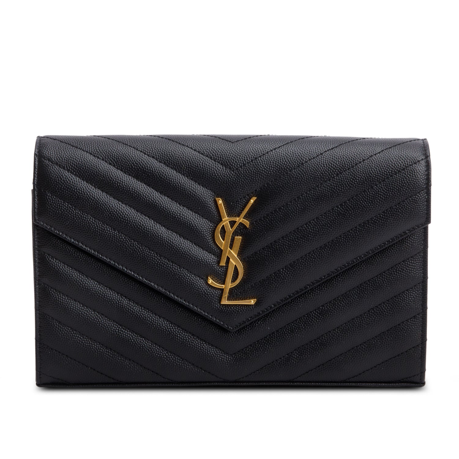 Saint Laurent 2022 Black Grain De Poudre Cassandre Envelope Chain Wallet w/ Box