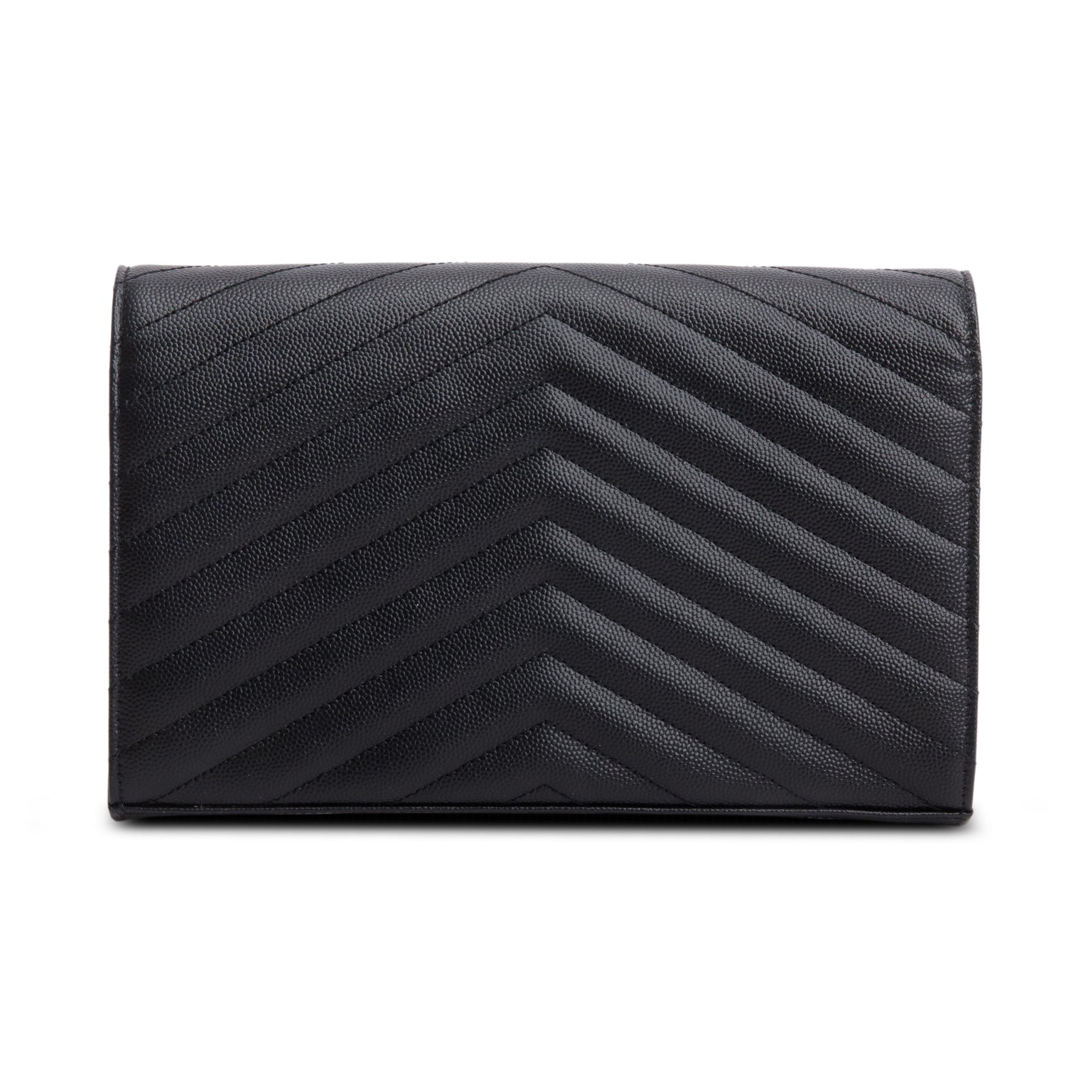 Saint Laurent 2022 Black Grain De Poudre Cassandre Envelope Chain Wallet w/ Box