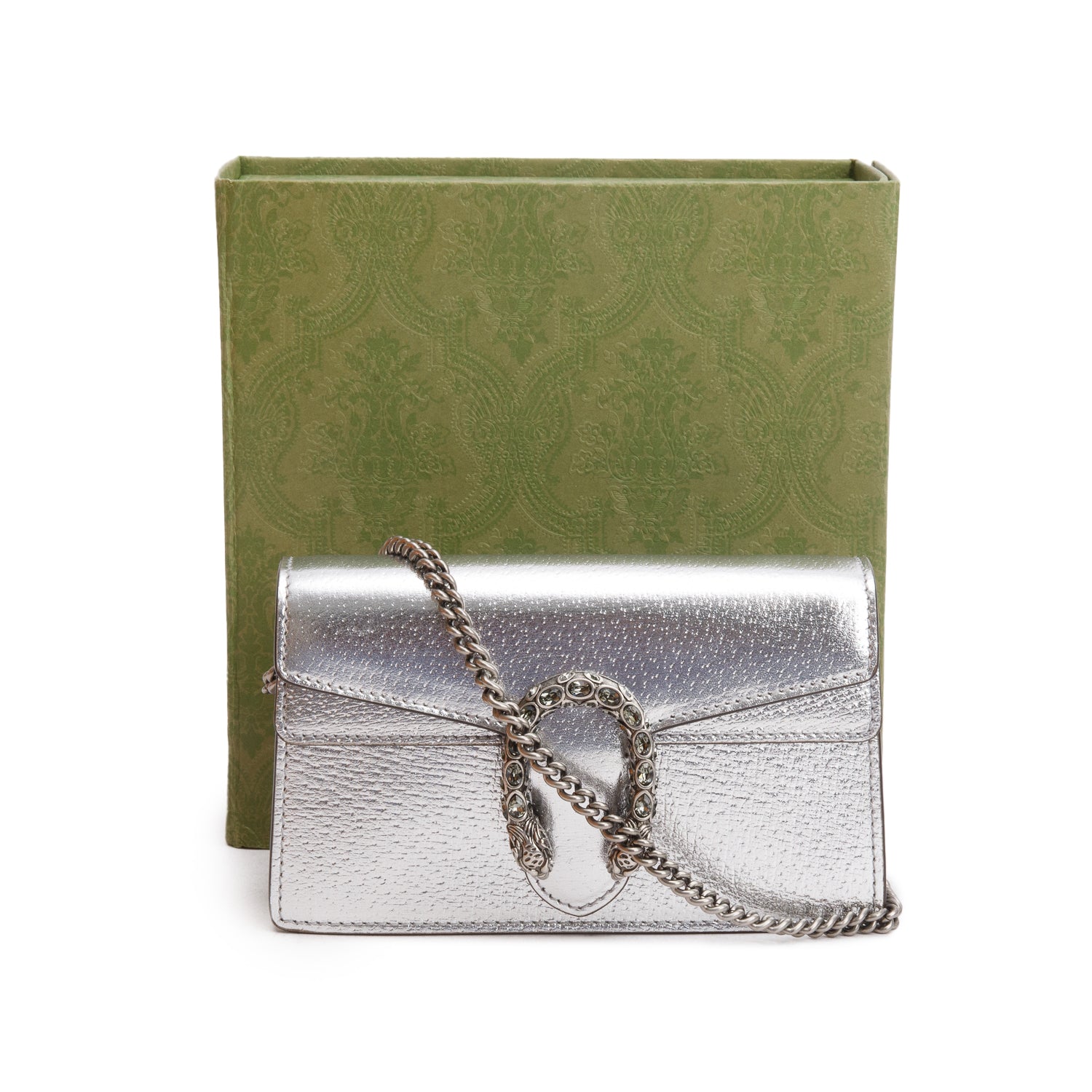 Gucci Dionysus Silver Calfskin Leather Dionysus Super Mini Bag w/ Box