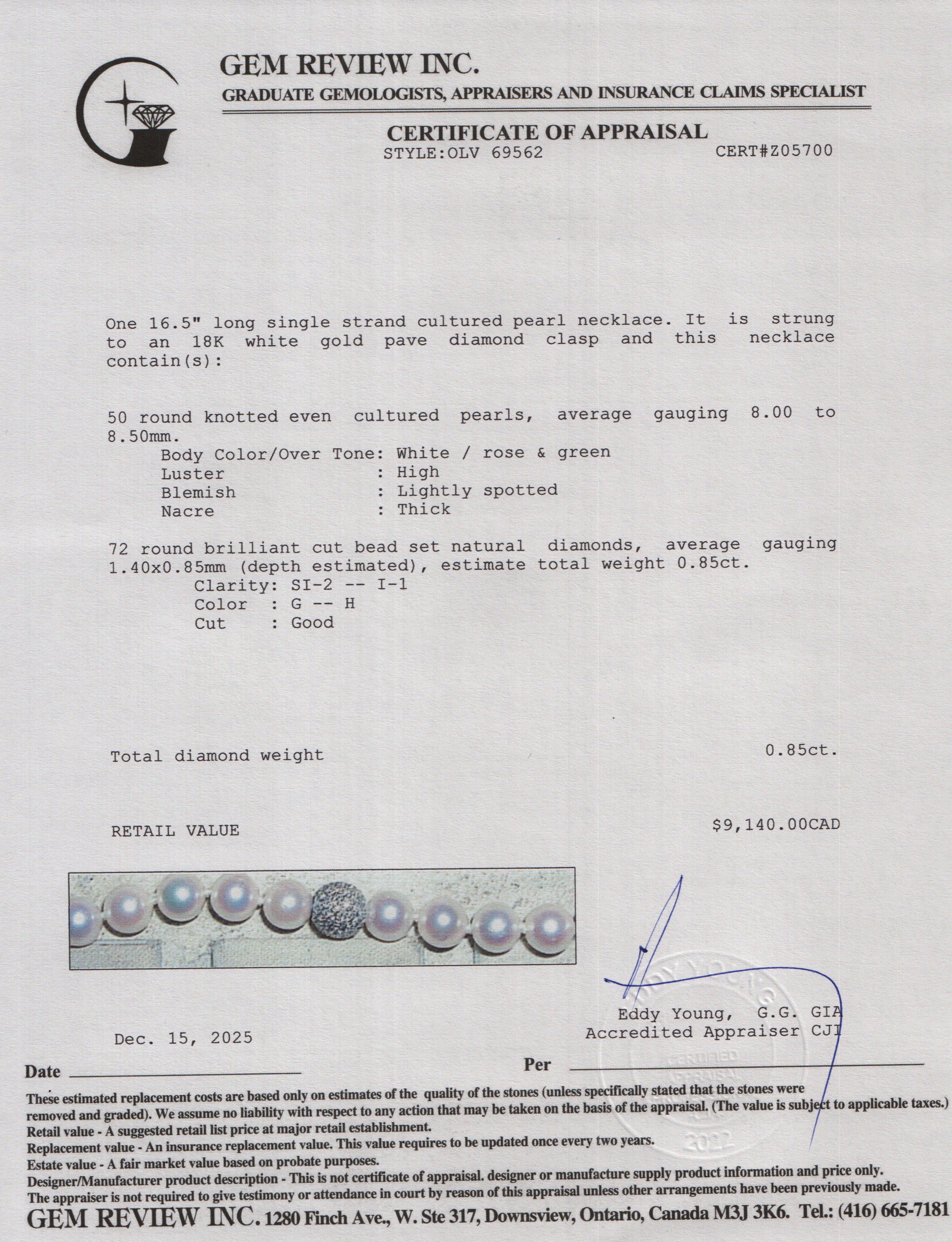 18k White Gold & Diamond Clasp 8-8.5 MM Pearl Necklace