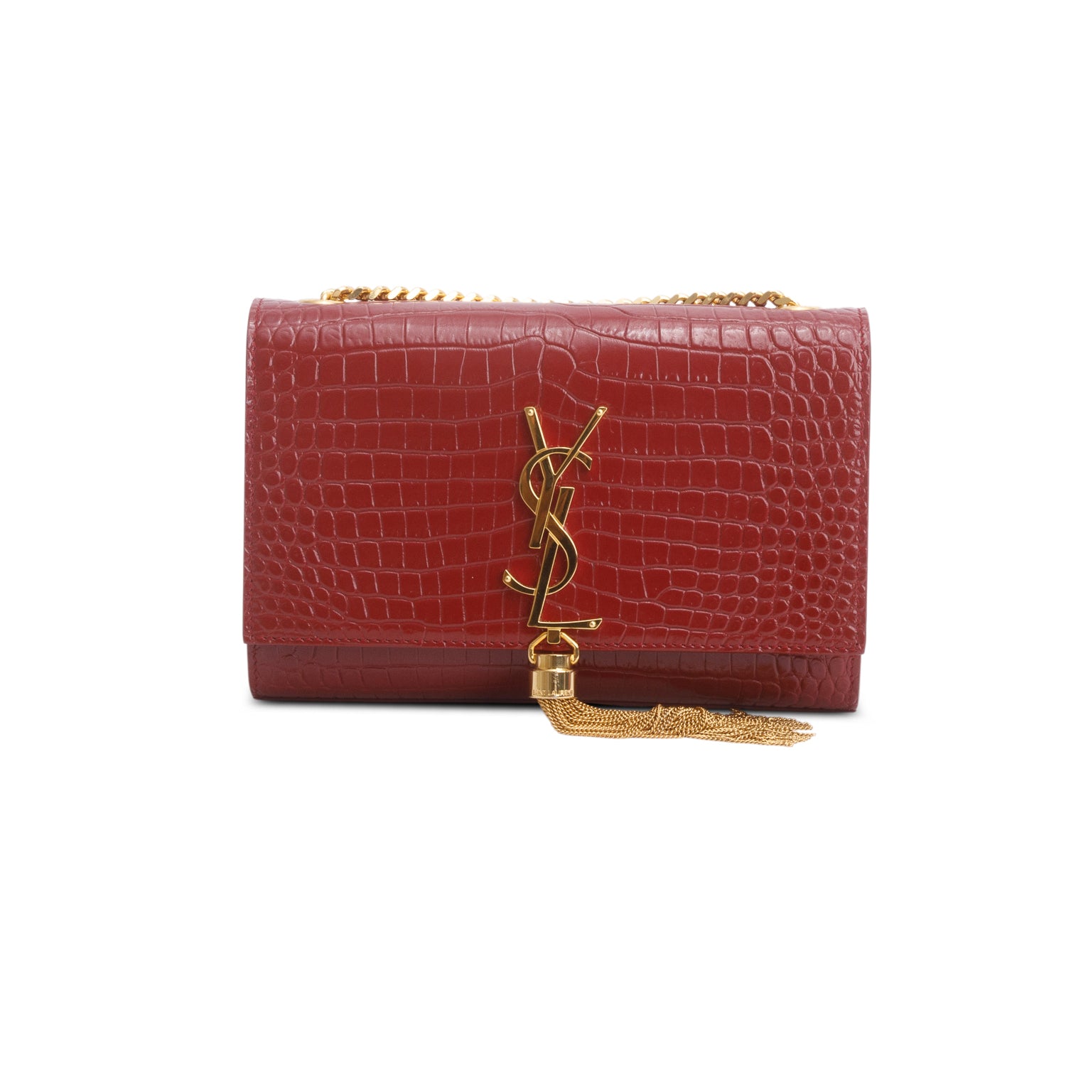 Saint Laurent 2020 Red Croc-Embossed Leather Small Classic Monogram Kate Tassel Chain Bag