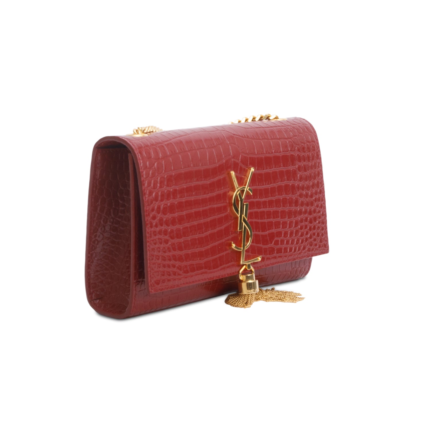 Saint Laurent 2020 Red Croc-Embossed Leather Small Classic Monogram Kate Tassel Chain Bag