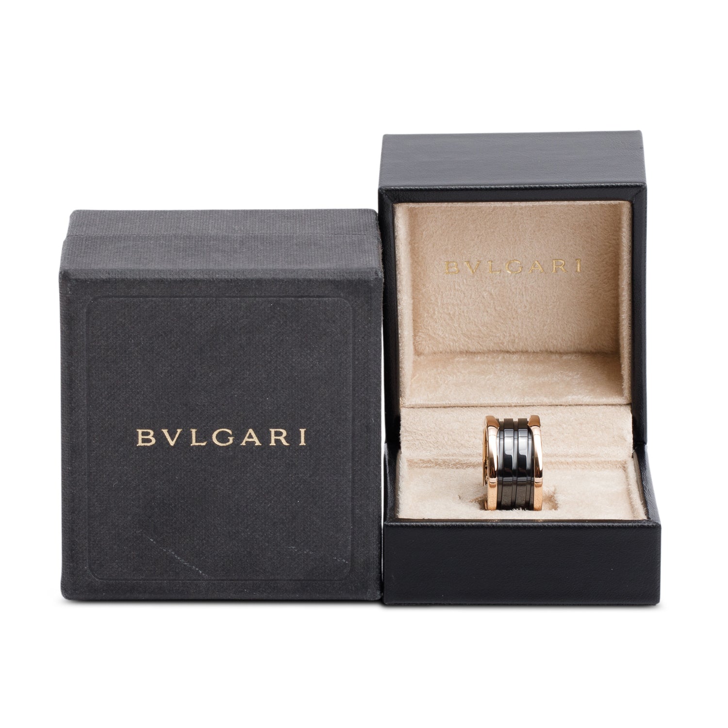 BVLGARI 18k Rose Gold & Black Ceramic B.Zero1 4-Band Ring, Size 57 7.75 w/ Box