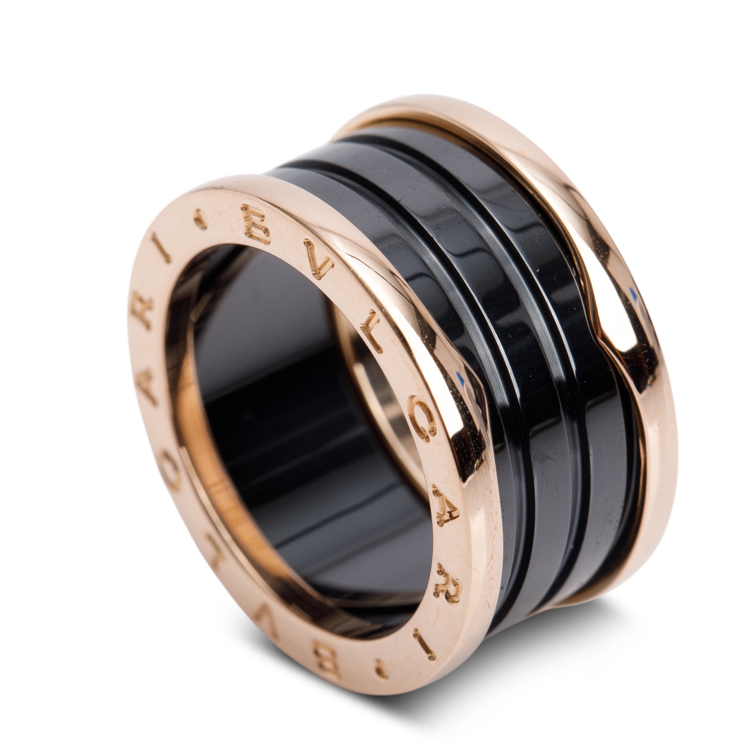BVLGARI 18k Rose Gold & Black Ceramic B.Zero1 4-Band Ring, Size 57 7.75 w/ Box