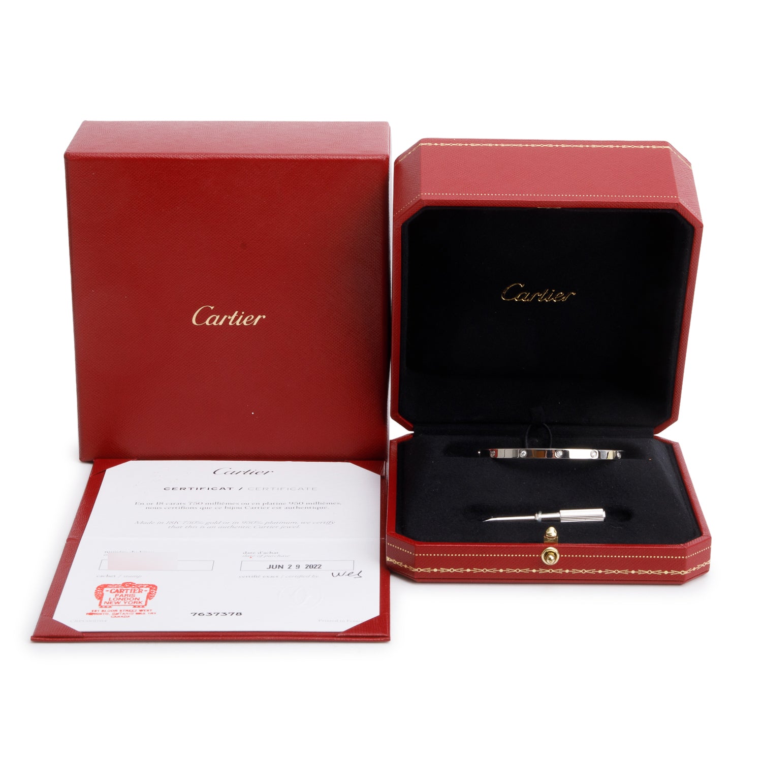 Cartier 2022 18k White Gold 10 Diamond Love Bracelet, Small Model, Size 16 w/ Box & Certificate