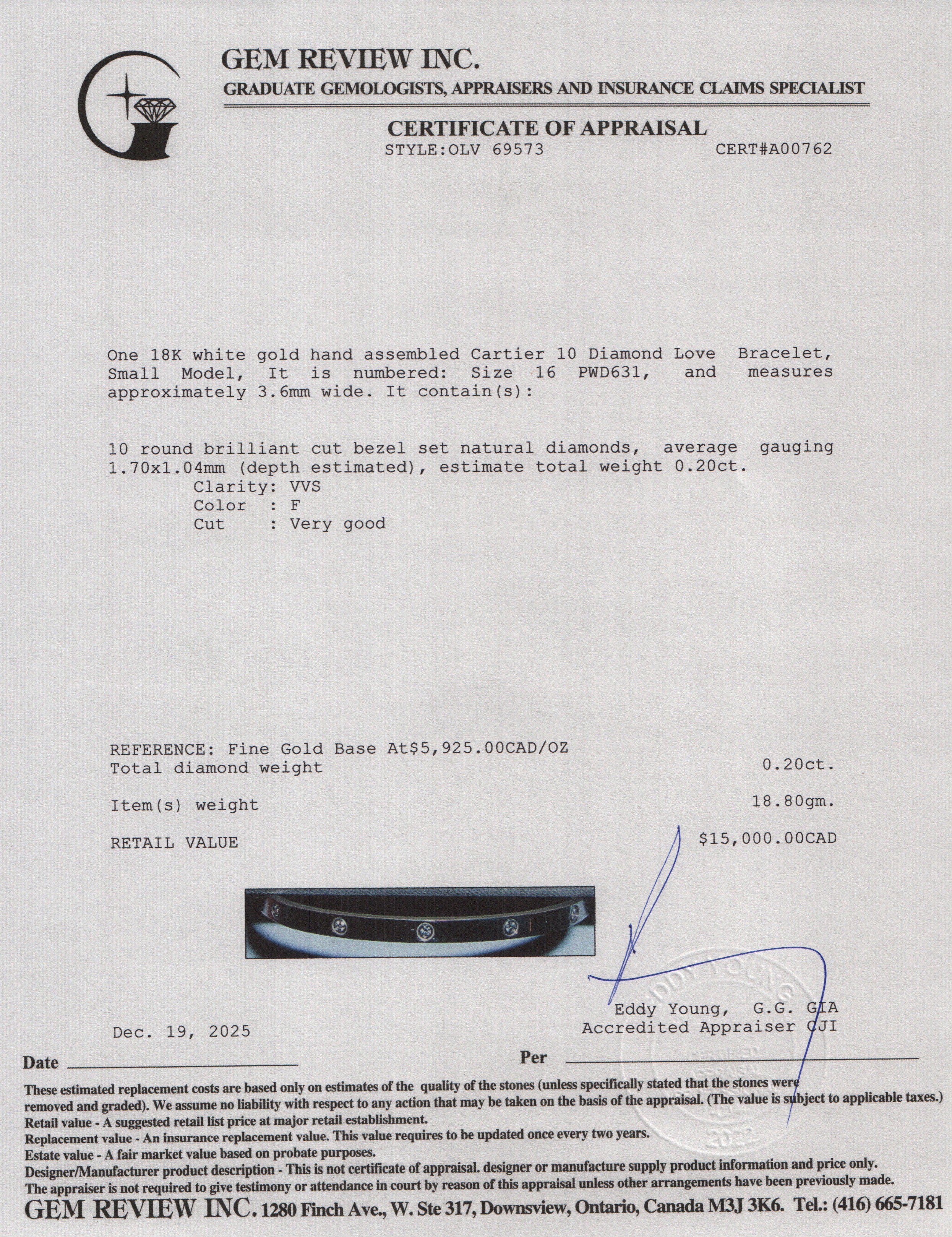 Cartier 2022 18k White Gold 10 Diamond Love Bracelet, Small Model, Size 16 w/ Box & Certificate