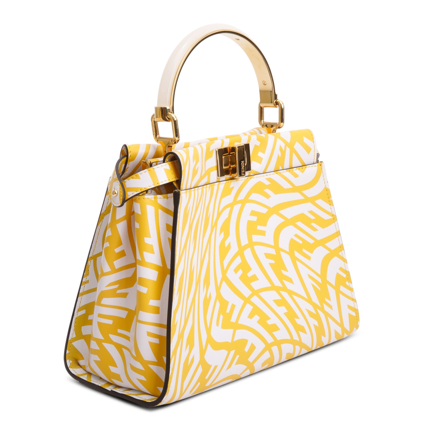 Fendi 2021 Yellow/White Vitello Libery Shiny Nappa Plexiglass FF Vertigo Mini Peekaboo Iconic Satchel w/ Strap
