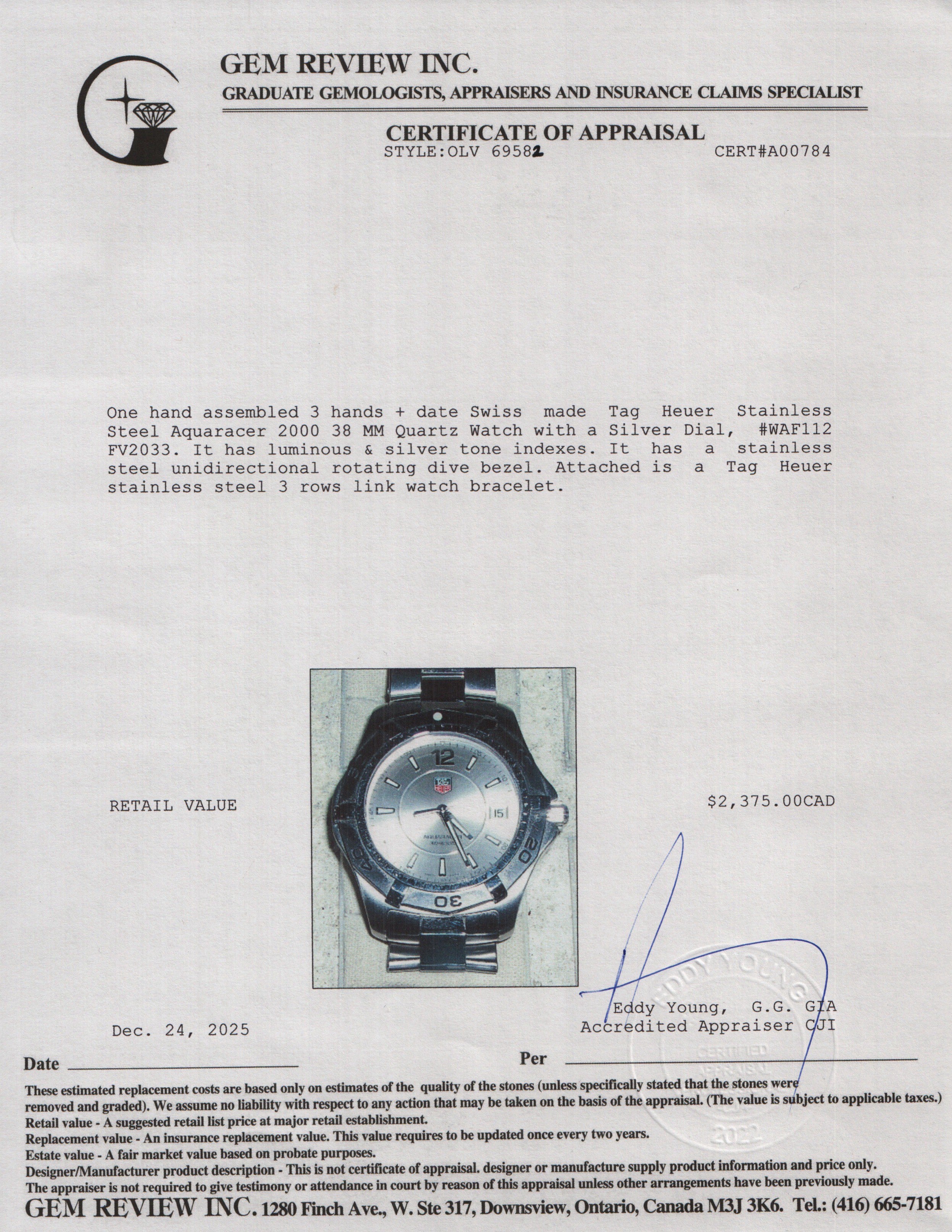 Tag Heuer Stainless Steel Aquaracer 2000 38 MM Quartz Watch Silver Dial WAF112 w/ Box & Papers