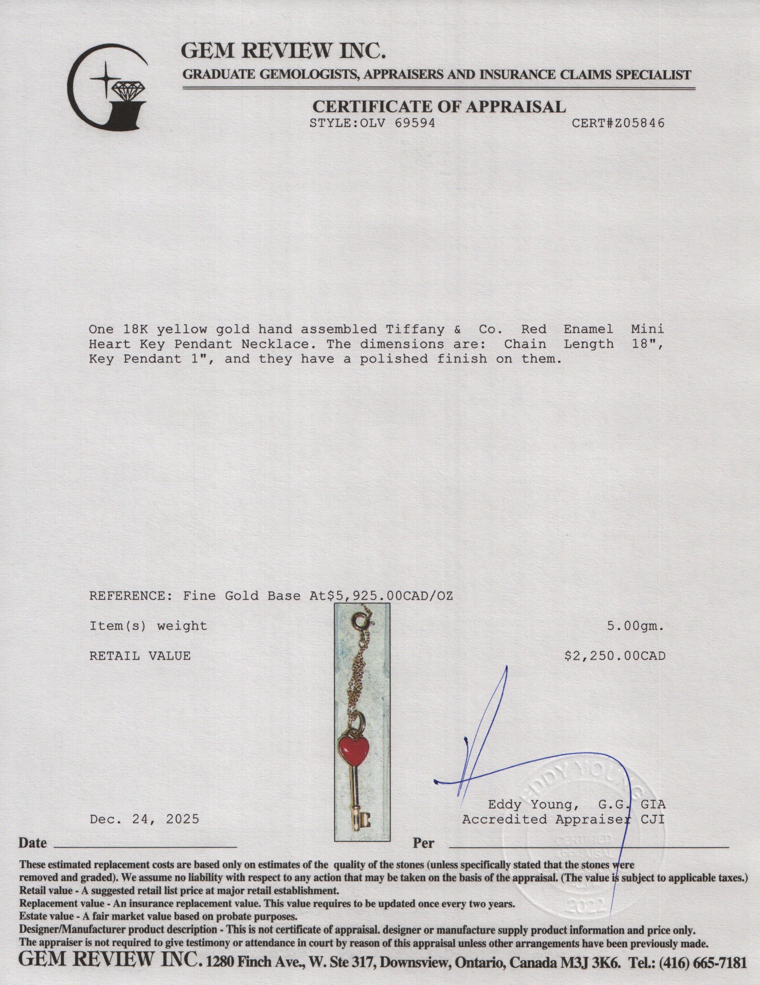 Tiffany & Co. 18k Yellow Gold Red Enamel Mini Heart Key Pendant Necklace w/ Box