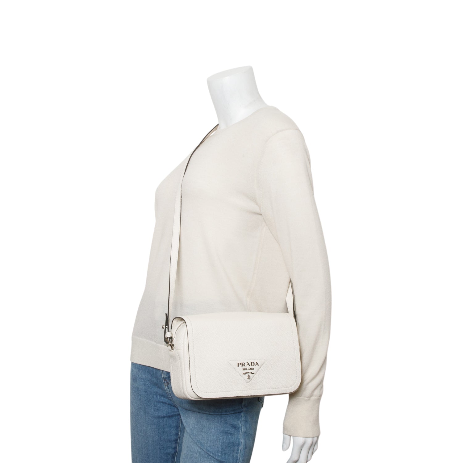 Prada Cream Vitello Daino Logo Flap Crossbody Bag