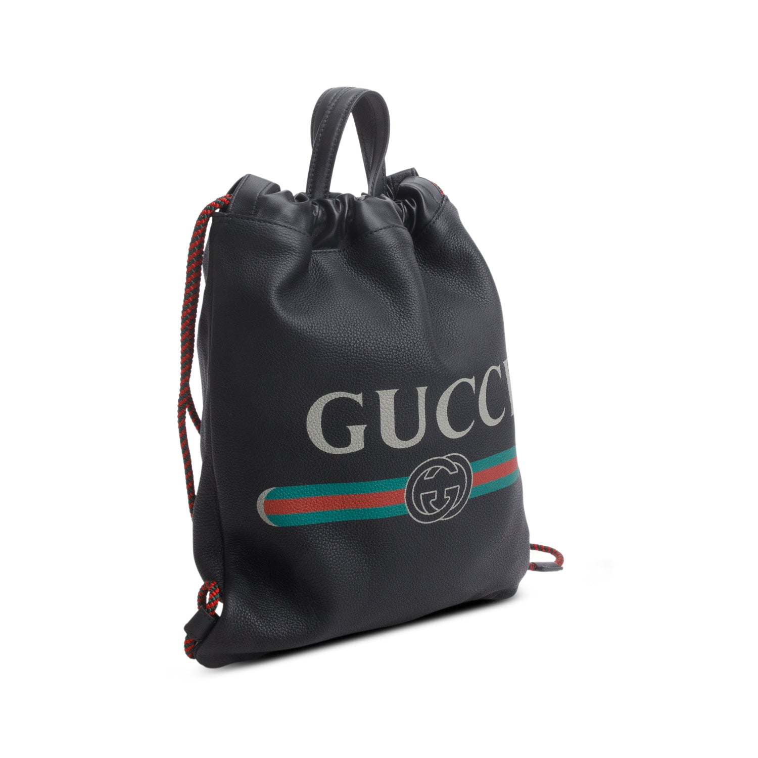 Gucci Black Logo Print Web Calfskin Leather Medium Drawstring Backpack with Pouch