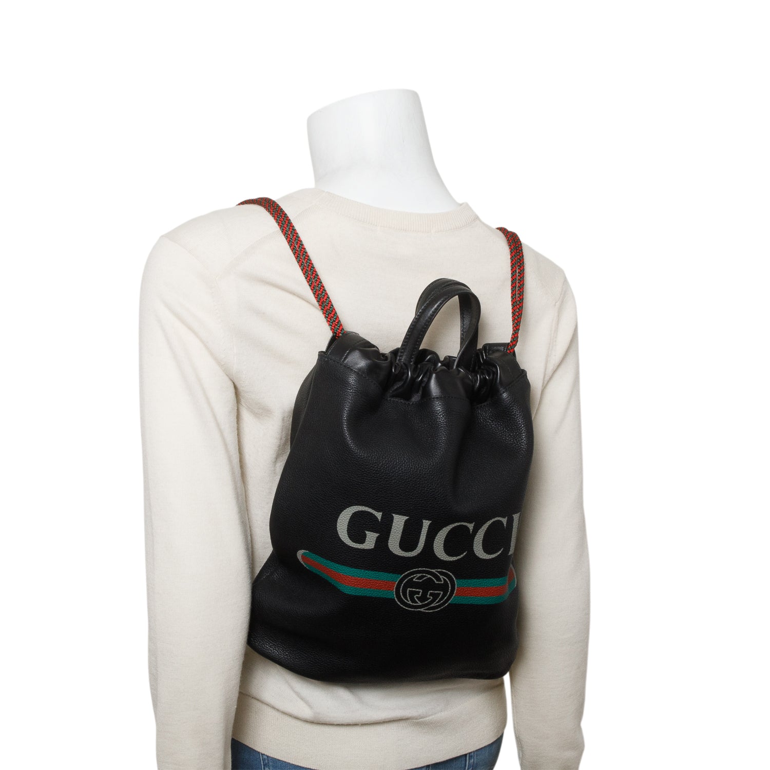 Gucci Black Logo Print Web Calfskin Leather Medium Drawstring Backpack with Pouch