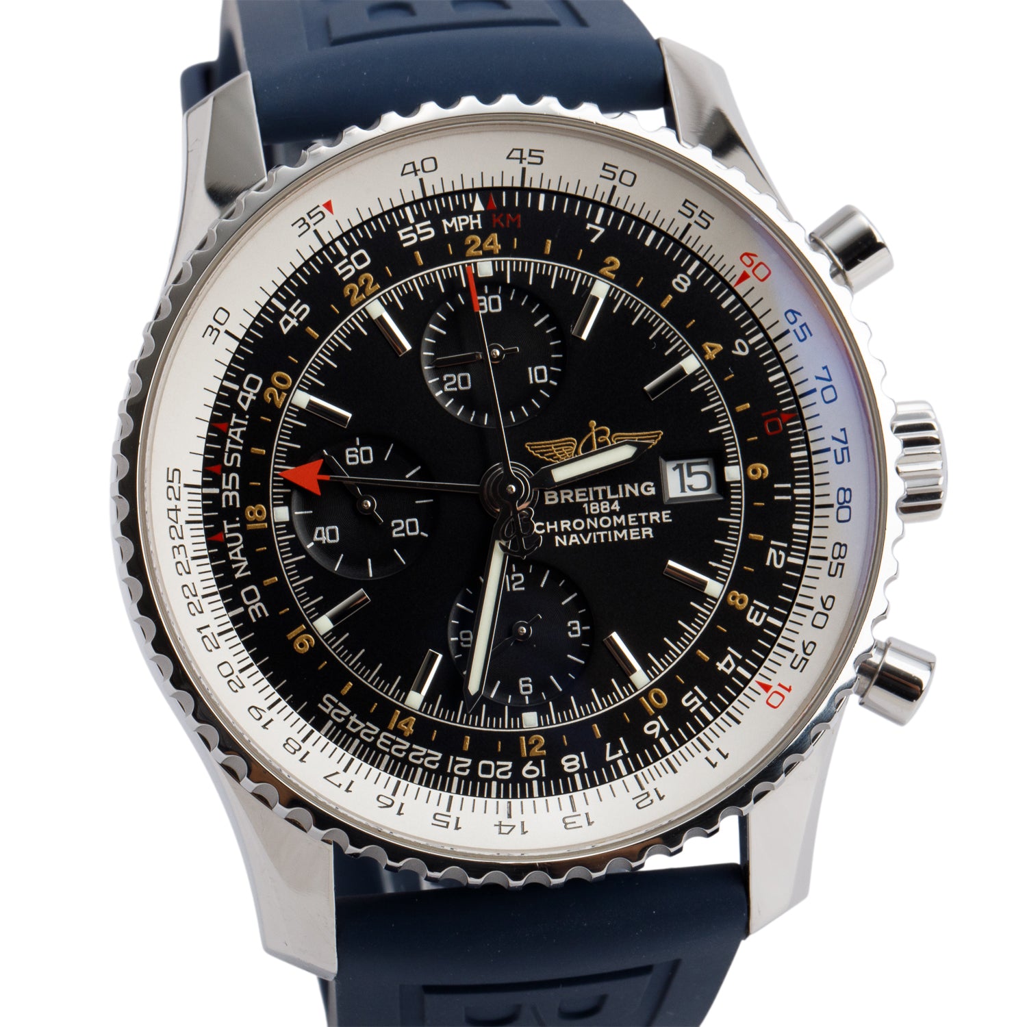 Breitling Stainless Steel Navitimer World GMT 46 MM Chronograph Automatic Watch Black Dial A24322 w/ Box, Papers & Extra Straps