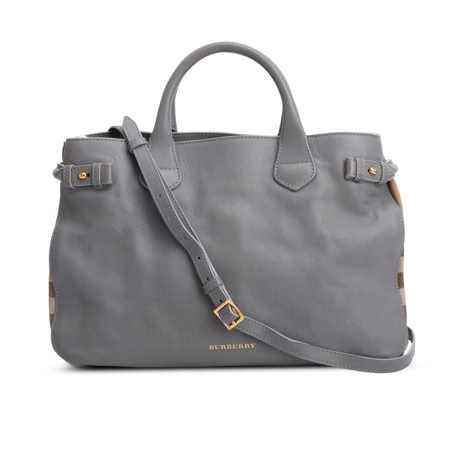 Burberry Grey Calfskin Leather House Check Medium Banner Tote w/ Strap