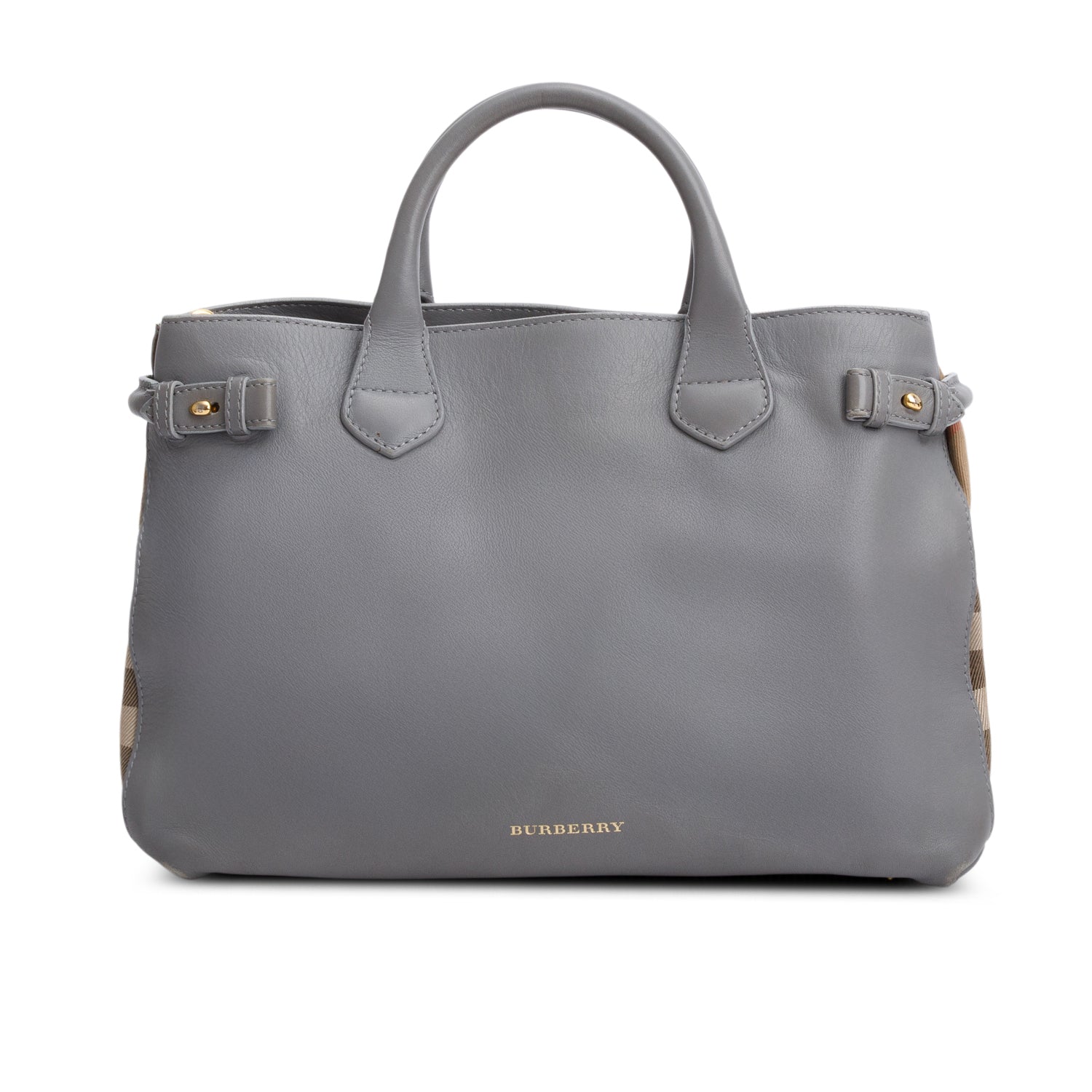 Burberry Grey Calfskin Leather House Check Medium Banner Tote w/ Strap
